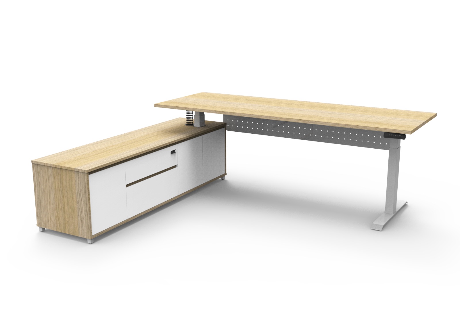 Rapidline Boost Executive Height Adjustable Desk | 2100×1800mm | Natural Oak Top, White Frame, Left-Hand Cabinet
