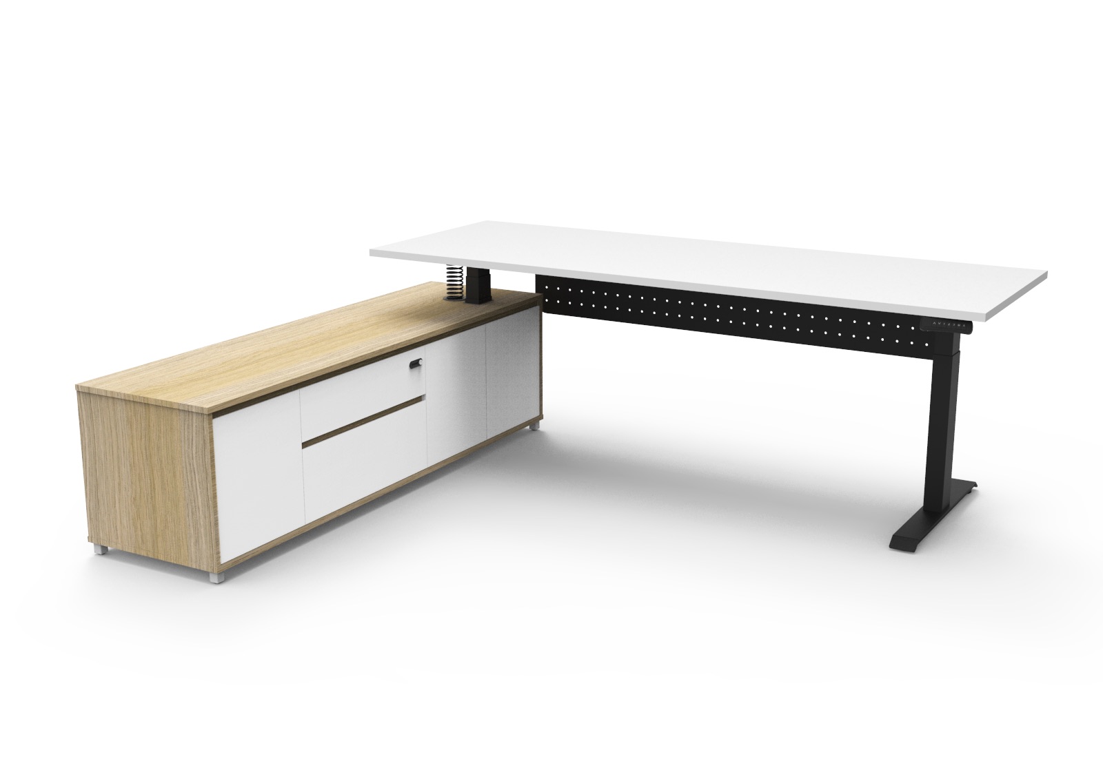 Rapidline Boost Executive Height Adjustable Desk | 2100×1800mm | Natural White Top, Black Frame, Left-Hand Cabinet