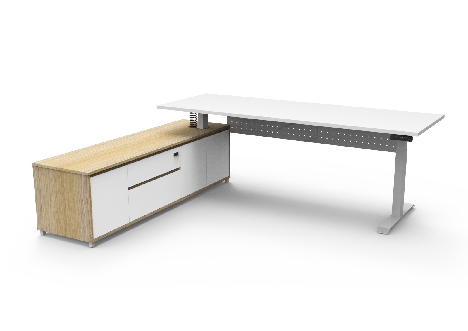 Rapidline Boost Executive Height Adjustable Desk – 2100×1800mm Natural White Top, White Underframe, Left Hand Side Cabinet