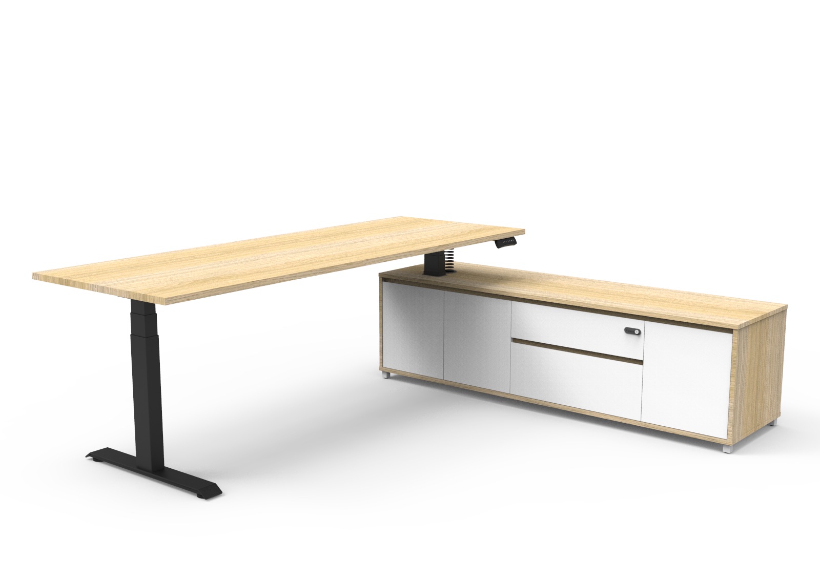 Rapidline Boost Executive Height Adjustable Desk | 2100×1800mm | Natural Oak Top, Black P/C Underframe, Right-Hand Side Cabinet Return