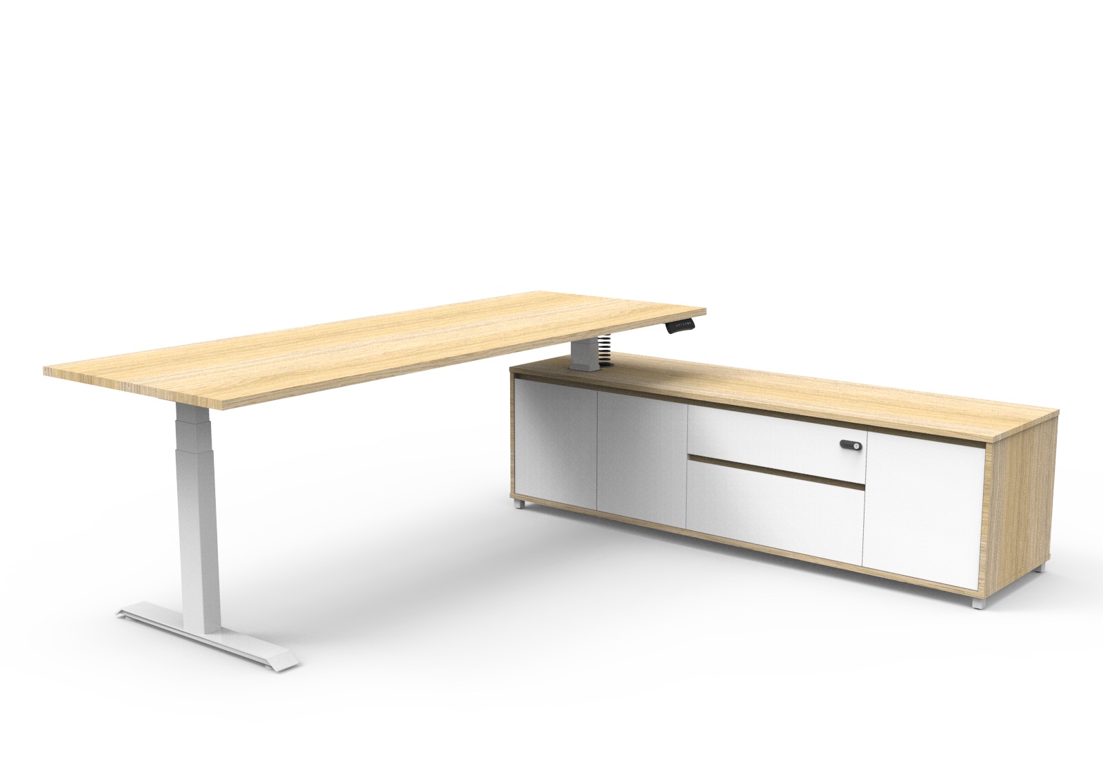 Rapidline Boost Executive Height Adjustable Desk | 2100×1800mm | Natural Oak Top, White P/C Underframe, Right-Hand Side Cabinet Return