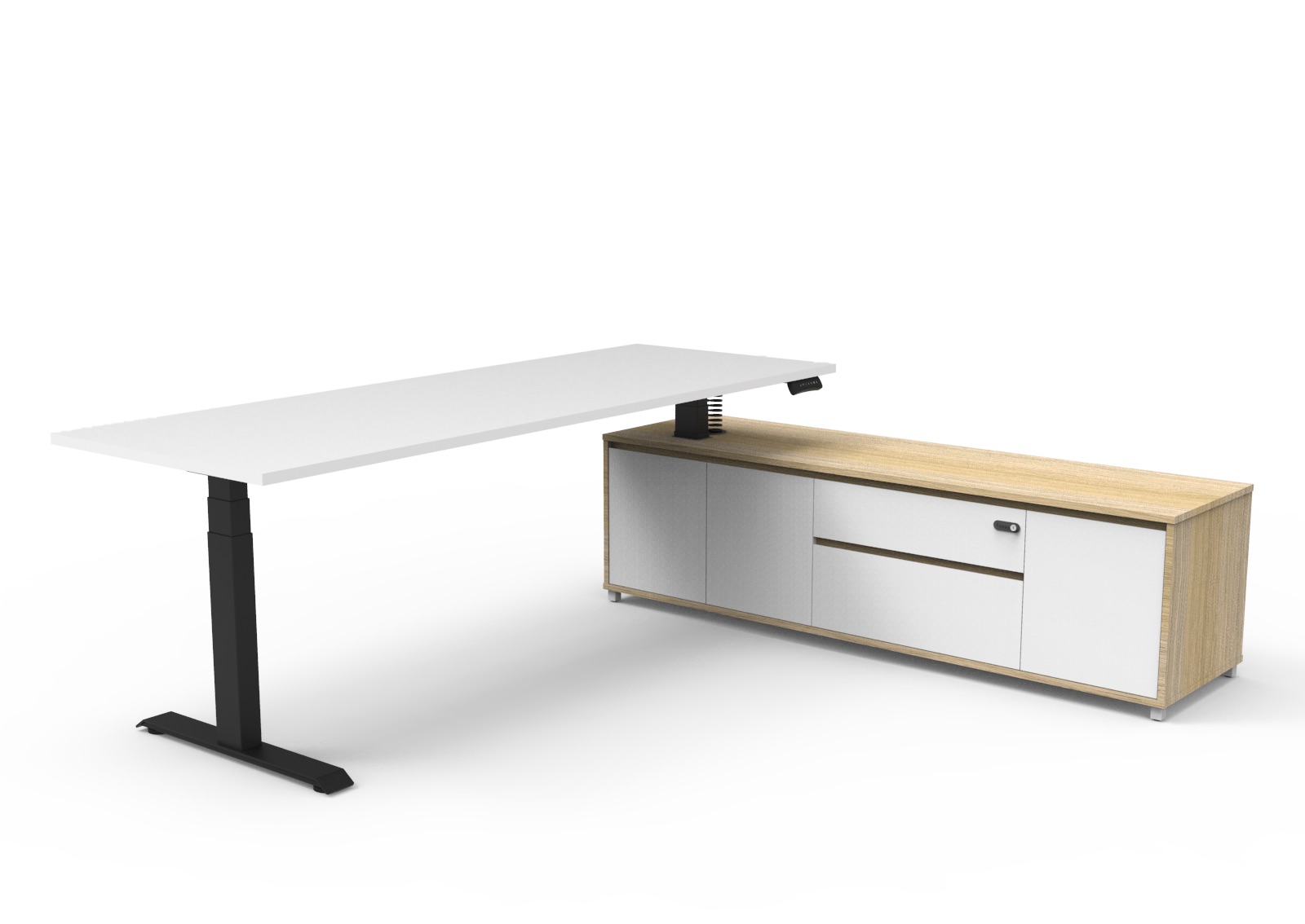 Rapidline Boost Executive Height Adjustable Desk | 2100×1800mm | Natural White Top, Black P/C Underframe, Right-Hand Side Cabinet Return