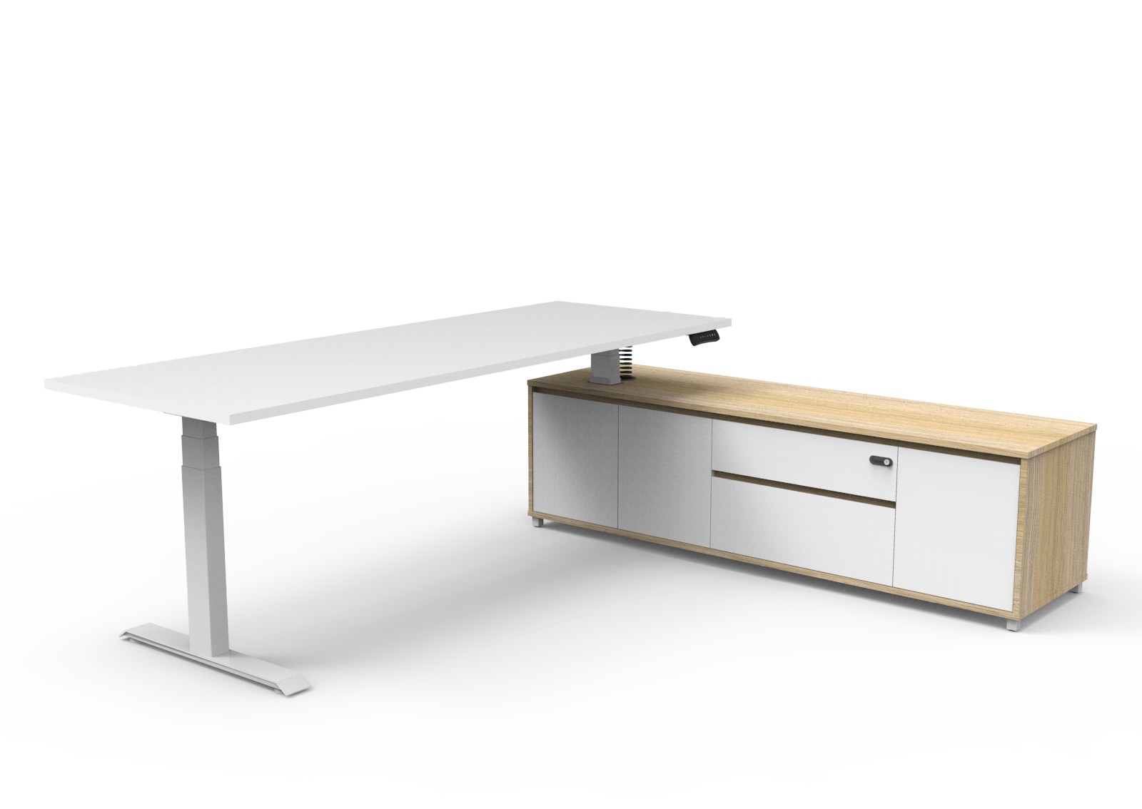 Rapidline Boost Executive Height Adjustable Desk – 2100×1800mm, Natural White Top, White Underframe, Right-Hand Side Cabinet