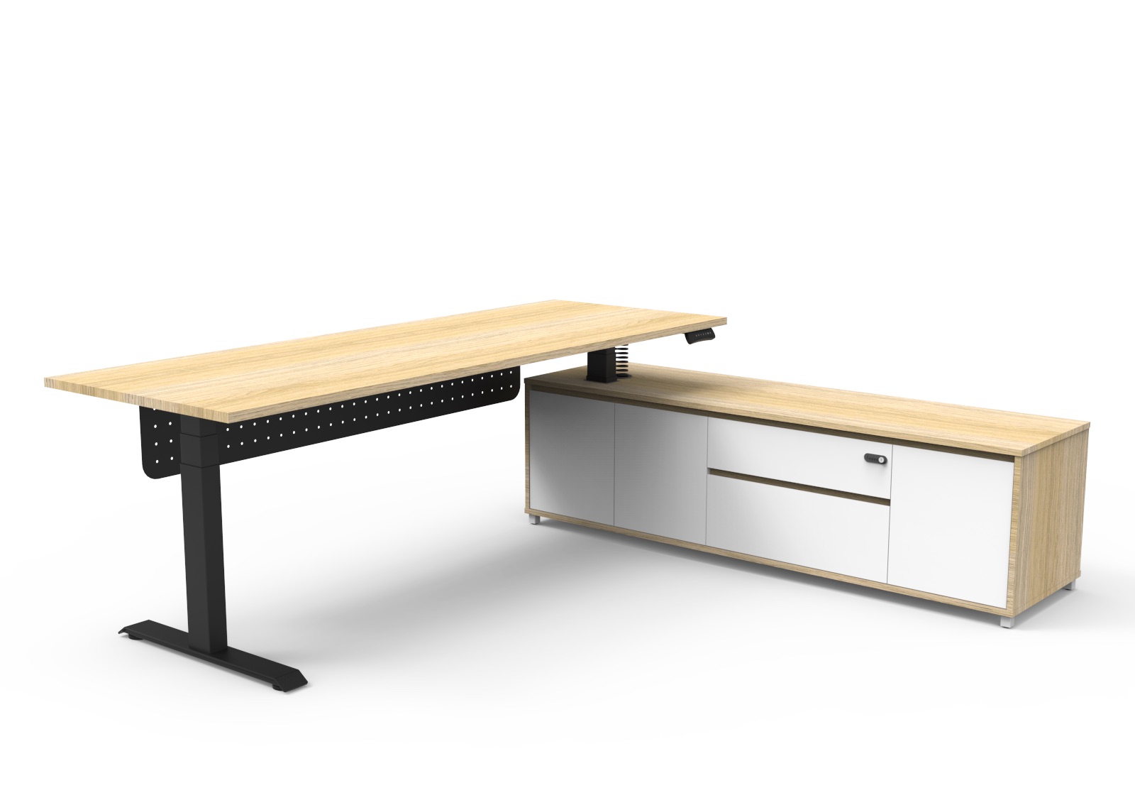 Rapidline Boost Executive Height Adjustable Desk – 2100×1800mm, Natural Oak Top, Black P/C Frame, Right-Hand Cabinet