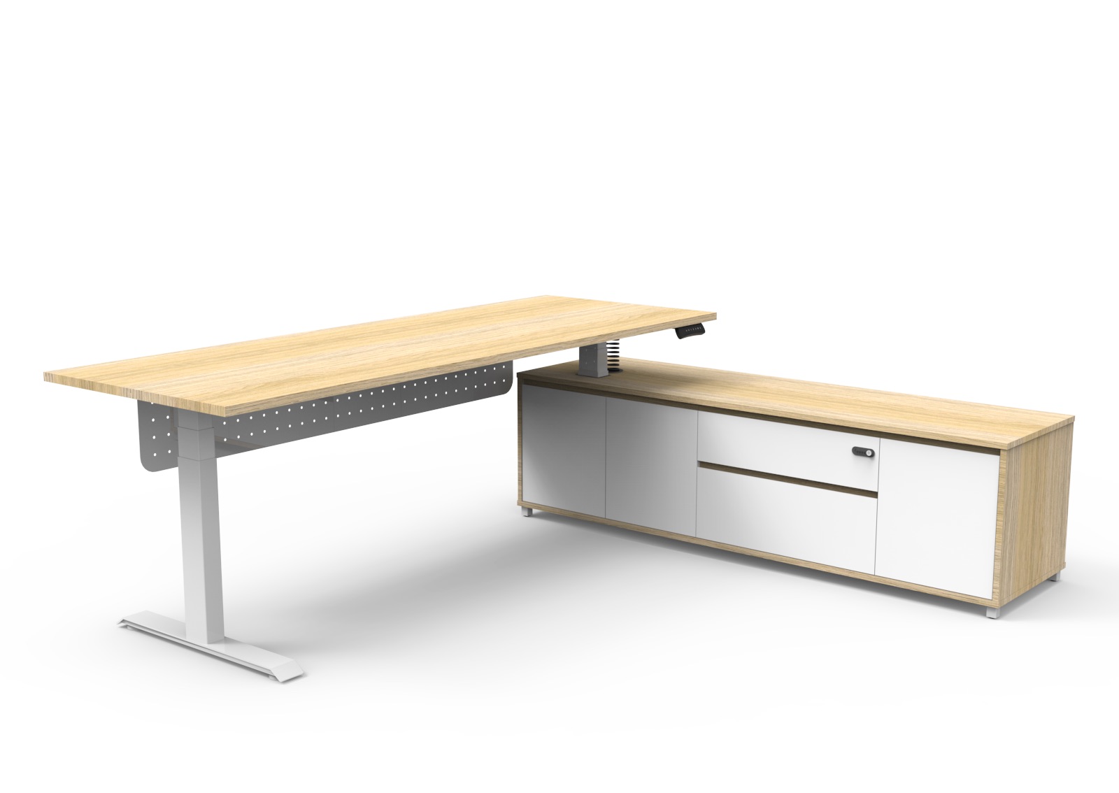 Rapidline Boost Executive Height Adjustable Desk – 2100×1800mm, Natural Oak Top, White P/C Frame, Right-Hand Cabinet