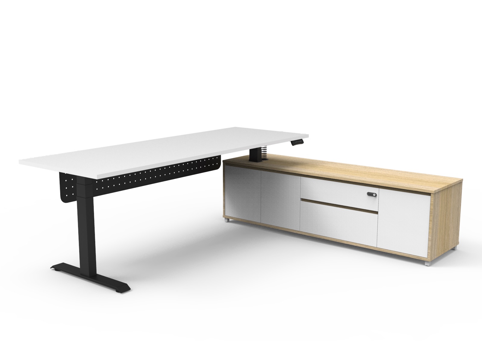 Rapidline Boost Executive Height Adjustable Desk – 2100×1800mm, Natural White Top, Black P/C Frame, Right-Hand Cabinet