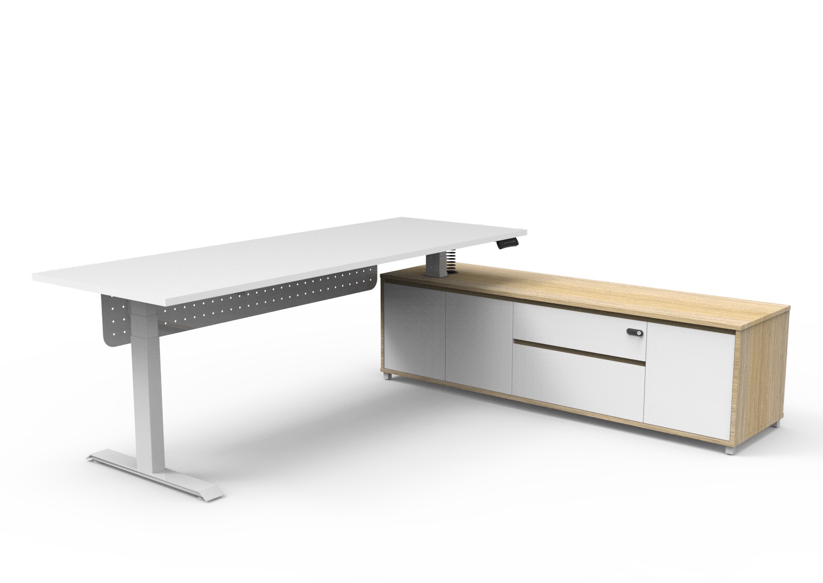 Rapidline Boost Executive Height Adjustable Desk – 2100×1800mm, Natural White Top, Right Hand Side Cabinet
