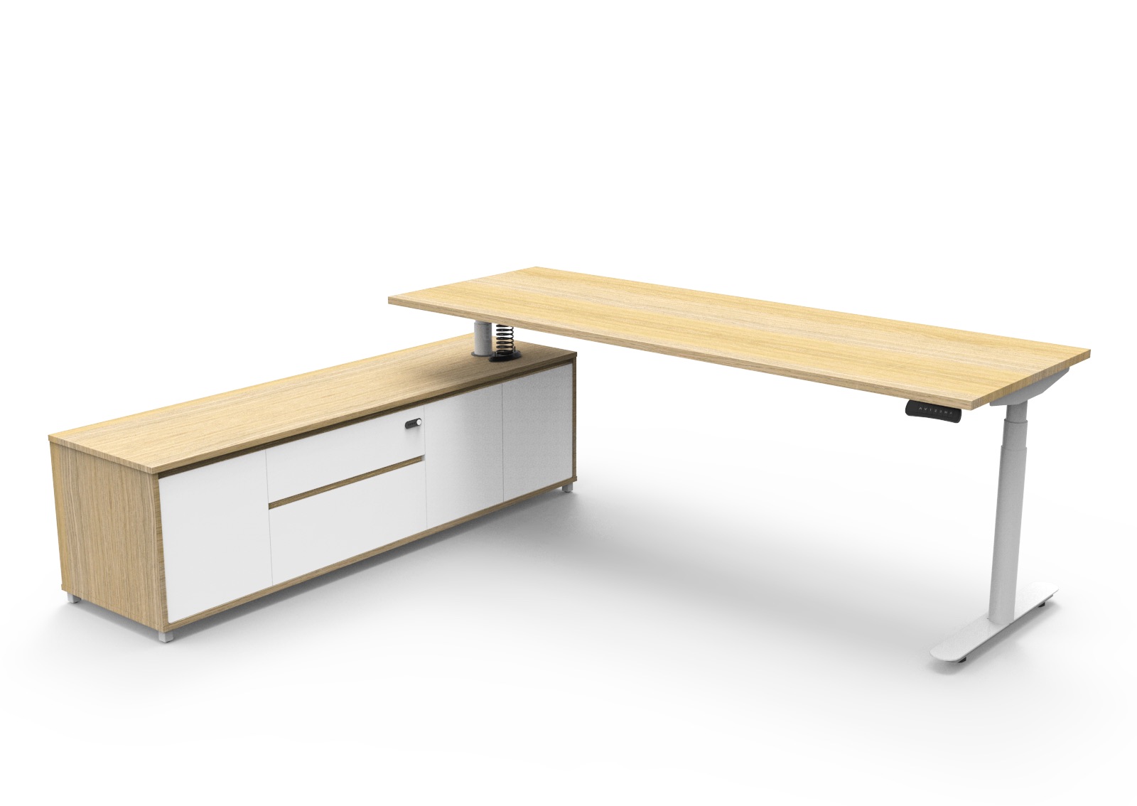Rapidline Halo+ Executive Desk & Cabinet – Natural Oak Top, White Frame, 2100×1800mm, Left-Hand Cabinet Return