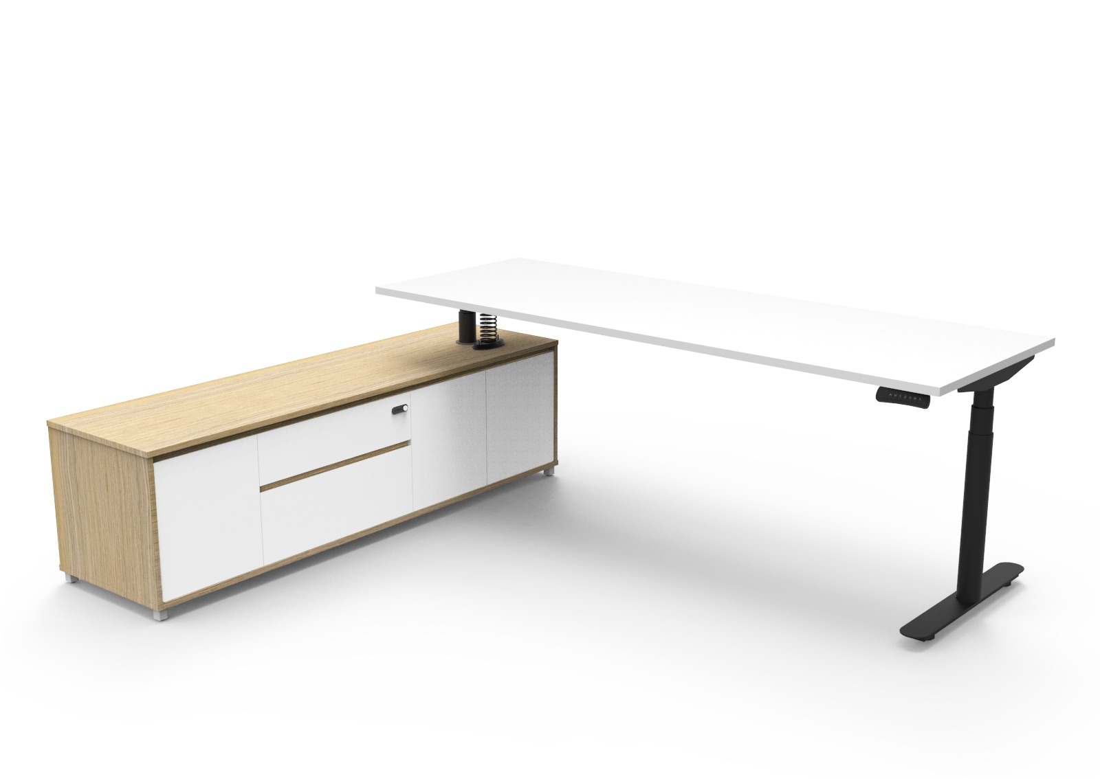 Rapidline Halo+ Executive Desk & Cabinet – Natural White Top, Black Frame, 2100×1800mm, Left-Hand Cabinet Return