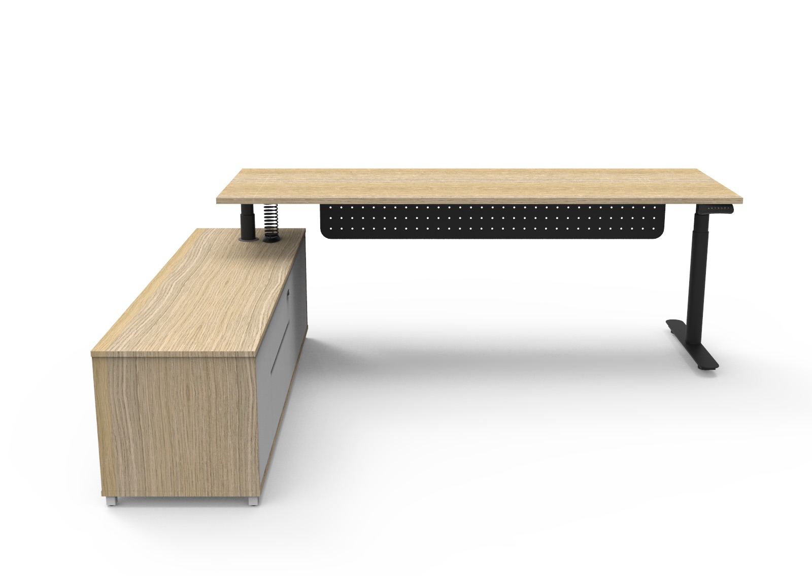 Rapidline Halo+ Executive Desk & Cabinet – Natural Oak, Black Underframe, Left Cabinet Return – Height Adjustable