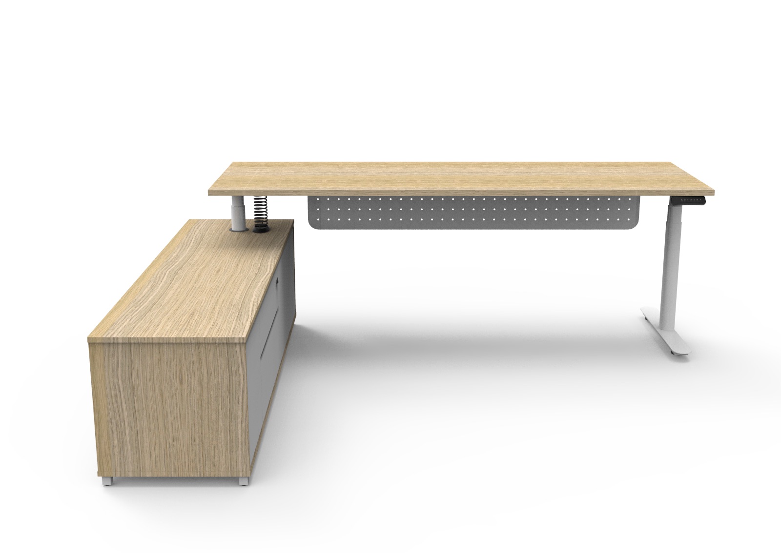 Rapidline Halo+ Executive Desk & Cabinet – Natural Oak, White Underframe, Left Cabinet Return – Height Adjustable