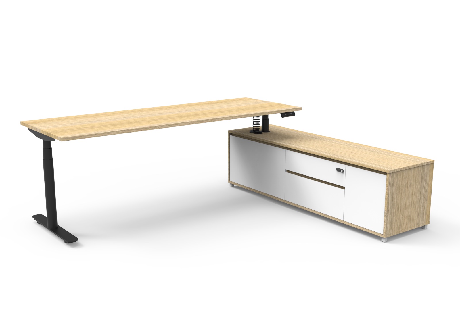 RAPIDLINE Halo+ Executive Sit-Stand Desk & Cabinet – 2100mm Natural Oak Top, Black P/C Frame