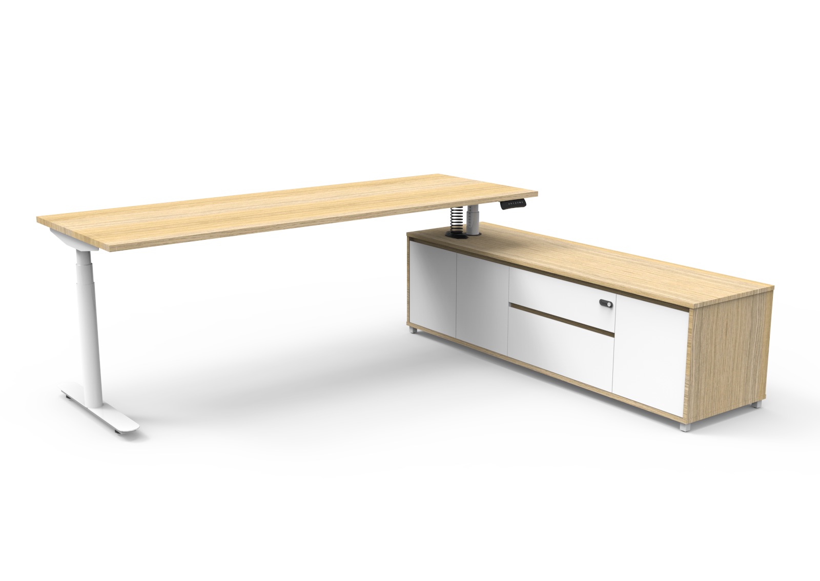 RAPIDLINE Halo+ Executive Sit-Stand Desk & Cabinet – 2100mm Natural Oak Top, White P/C Frame