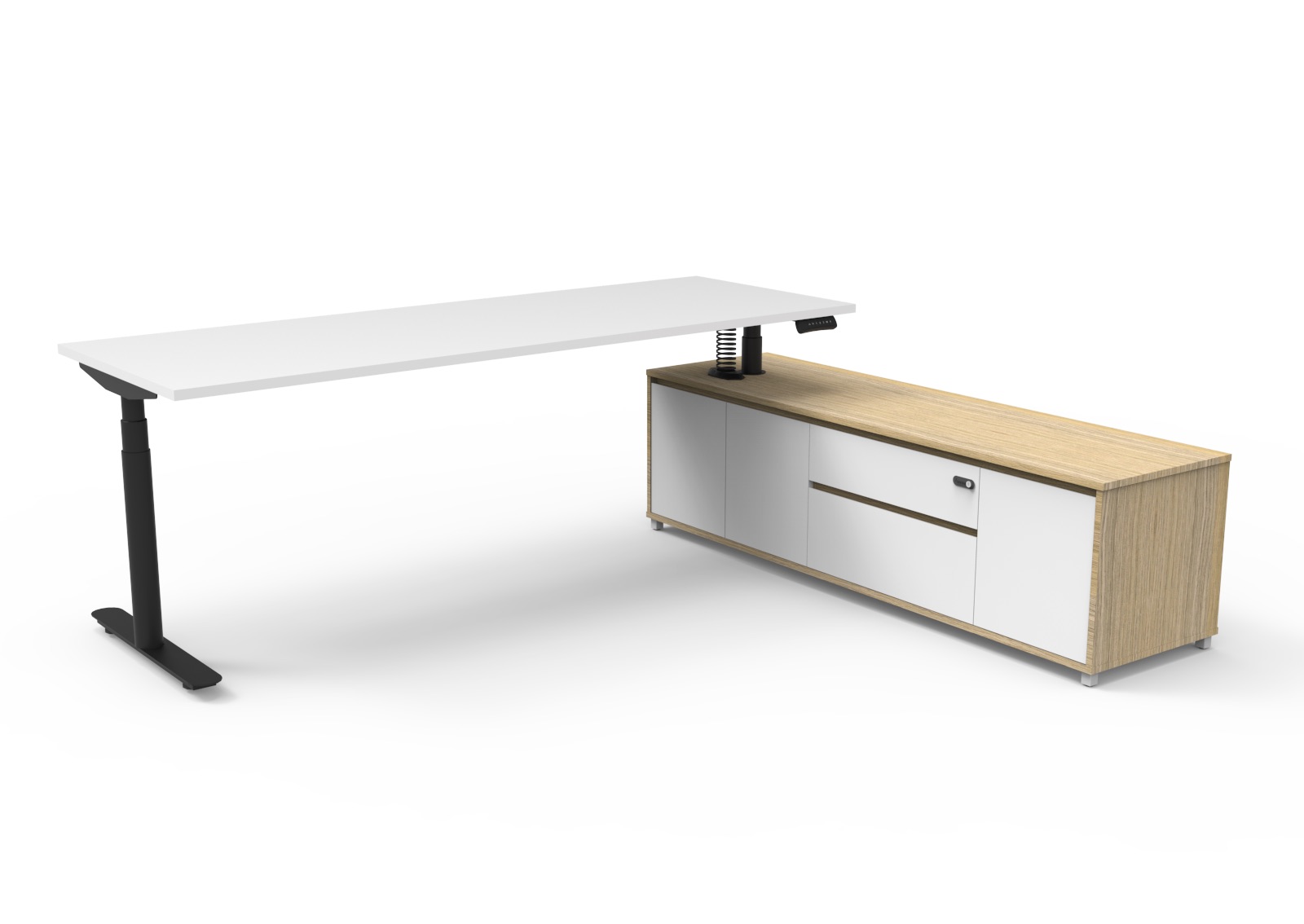 RAPIDLINE Halo+ Executive Sit-Stand Desk & Cabinet – 2100mm Natural White Top, Black P/C Frame