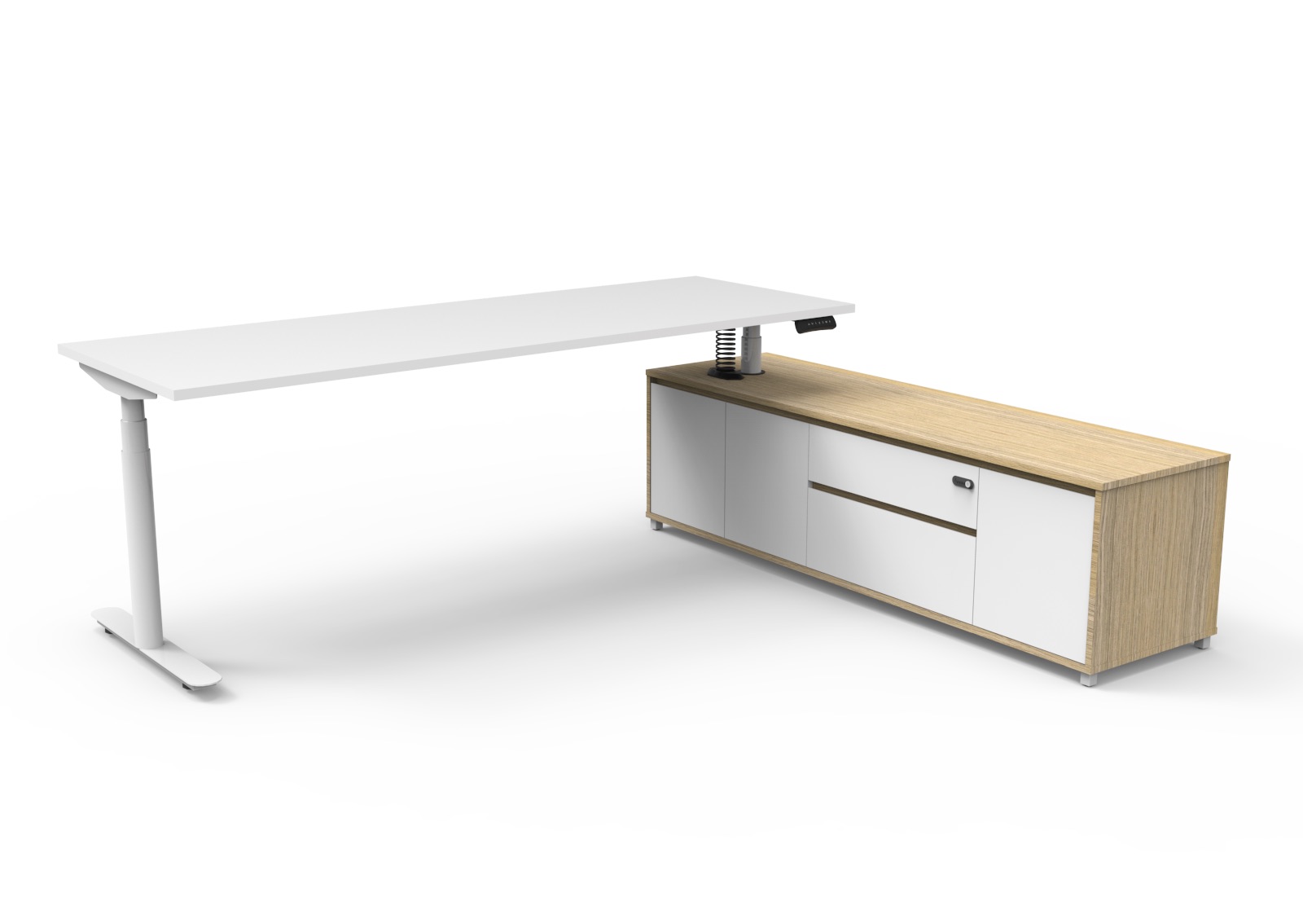 Rapidline Halo+ Executive Desk & Cabinet – 2100×1800mm, Natural White Top, White P/C Underframe, No Modesty Panel, Right-Hand Cabinet Return