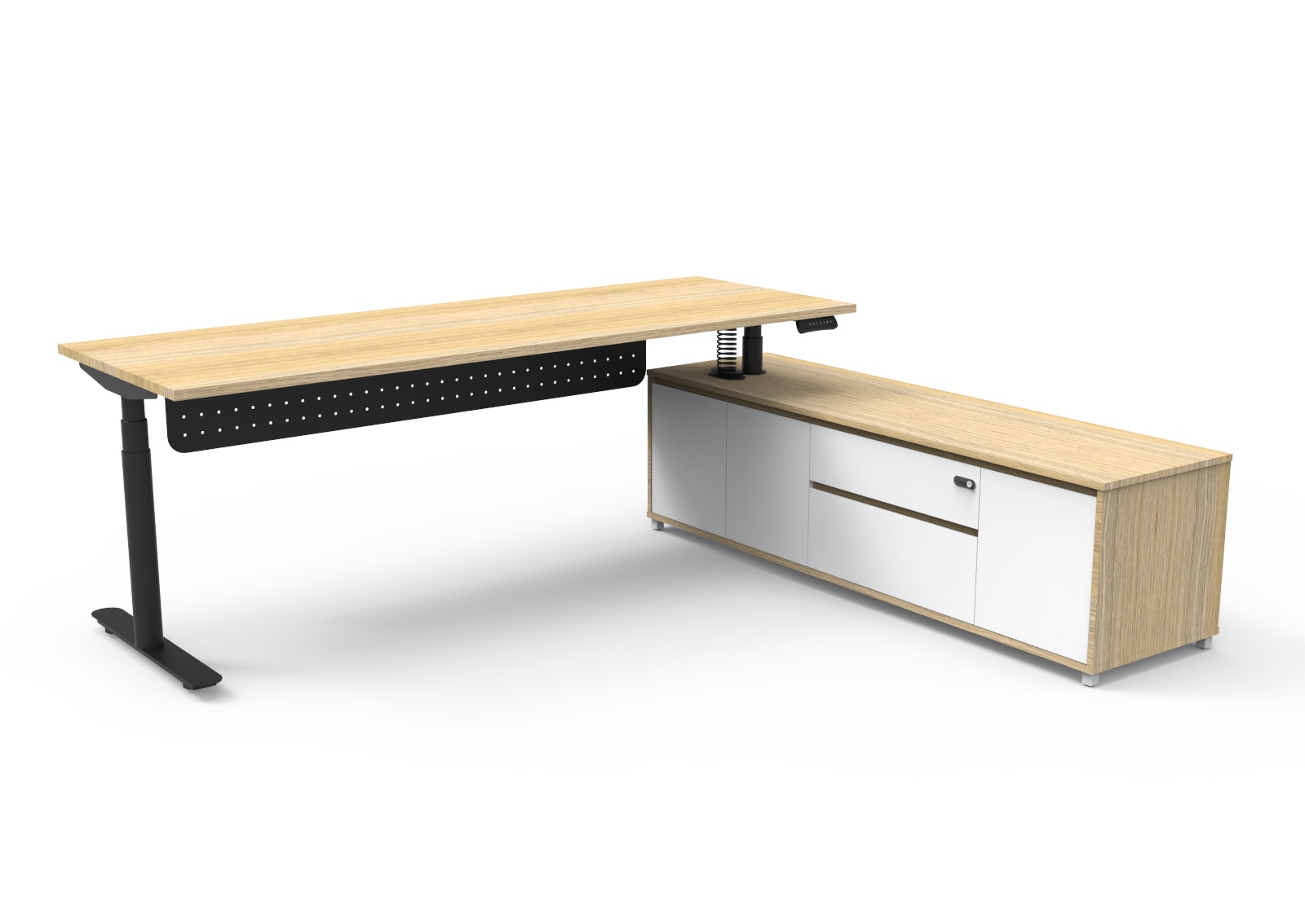 Rapidline Halo+ Executive Desk & Cabinet – 2100mm, Natural Oak Top, Black Frame, Right-Hand Return