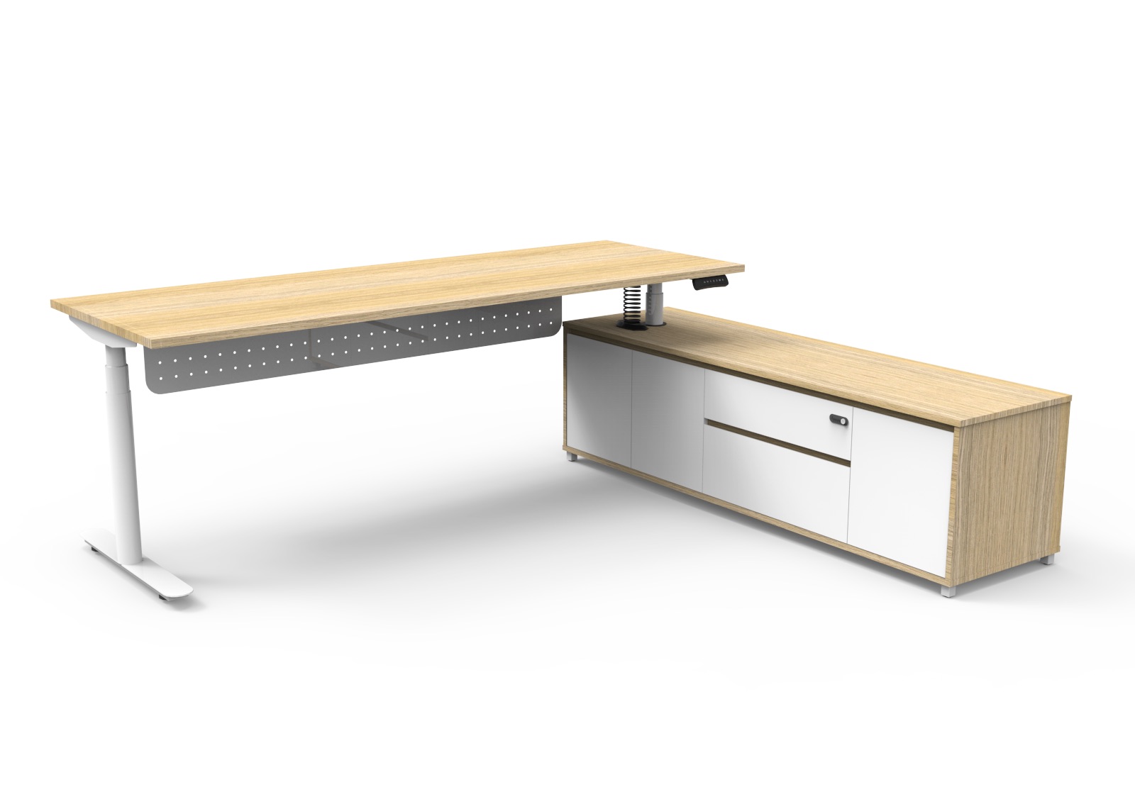Rapidline Halo+ Executive Desk & Cabinet – 2100mm, Natural Oak Top, White Frame, Right-Hand Return