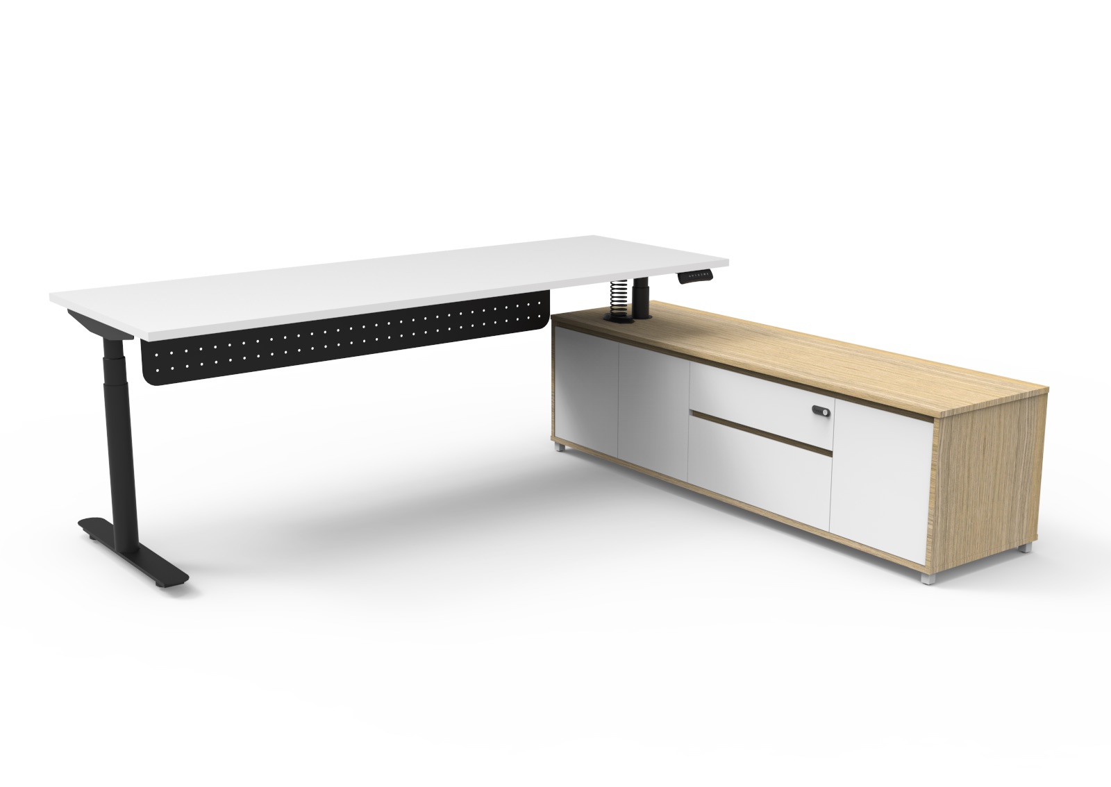 Halo+ Executive Desk & Cabinet – Height Adjustable, Natural White Top, Right Hand Side Return
