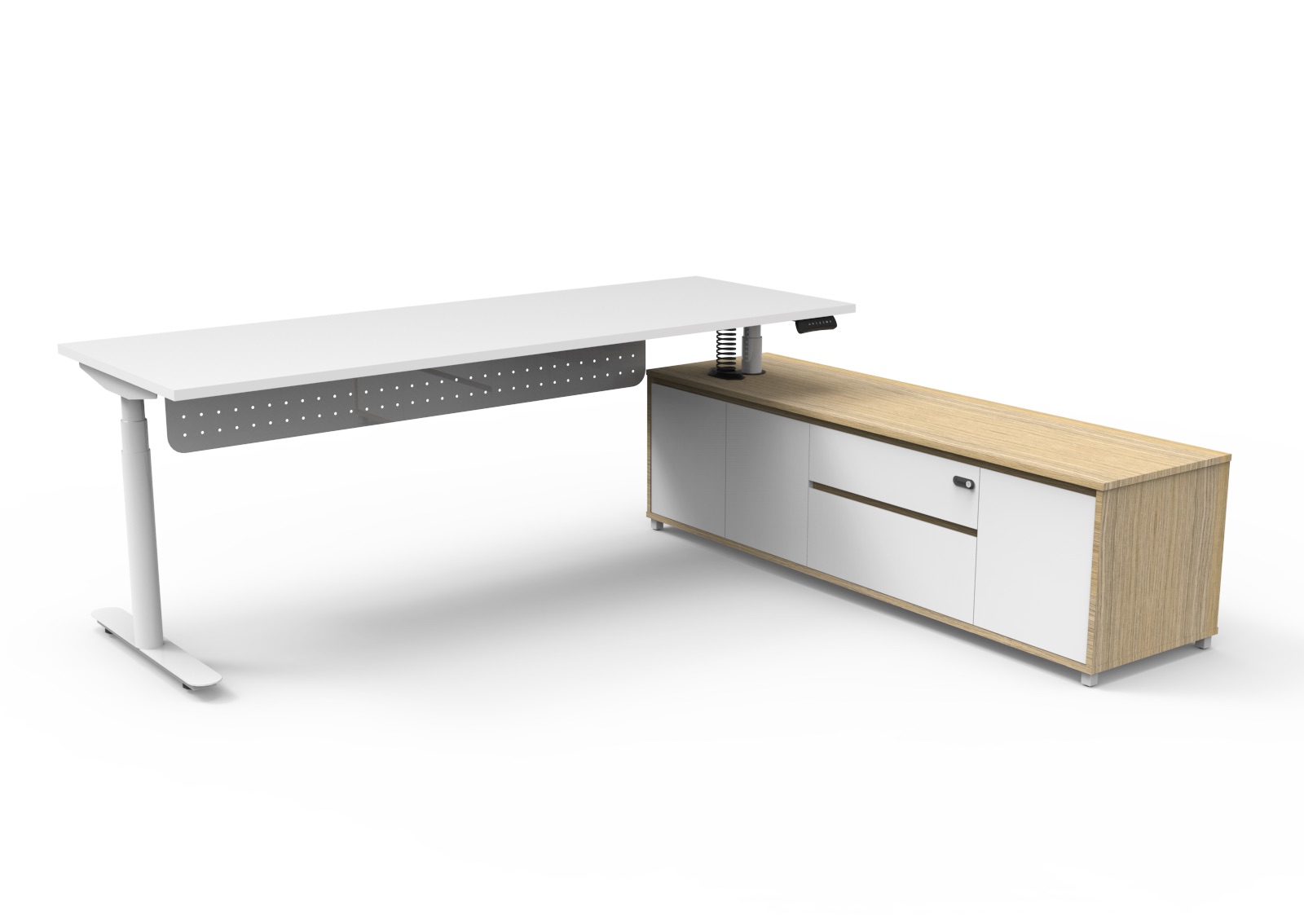 Rapidline Halo+ Executive Desk & Cabinet – 2100mm, Natural White Top, Black Frame, Right-Hand Return