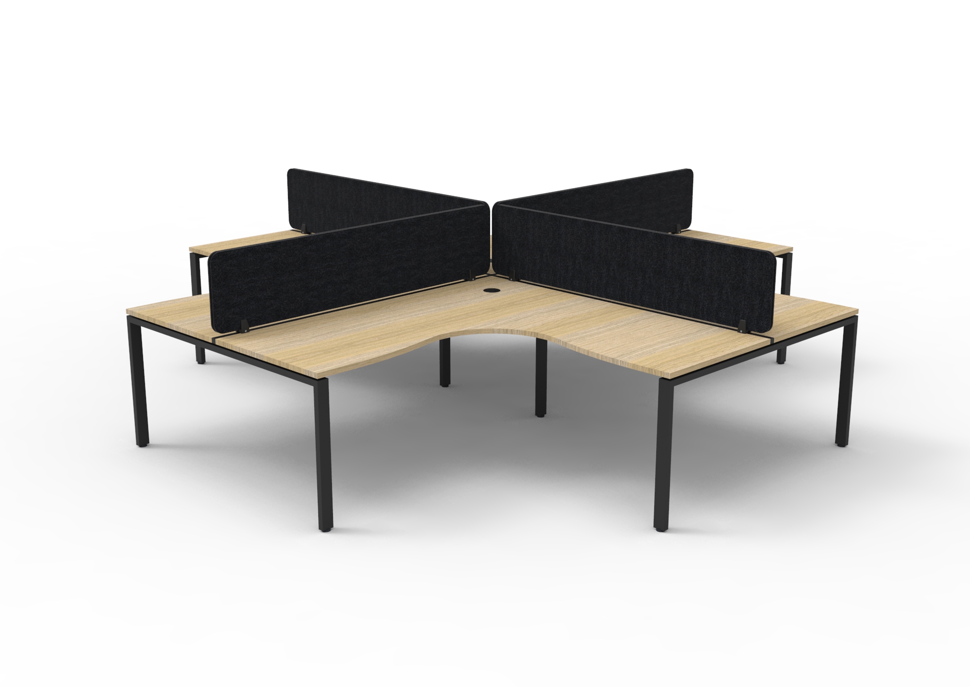 RAPIDLINE Infinity Corner Workstation Pod of 4 – Natural Oak Top, Black Satin Base, Black Eco Panel Screens (1500×1500×750mm)