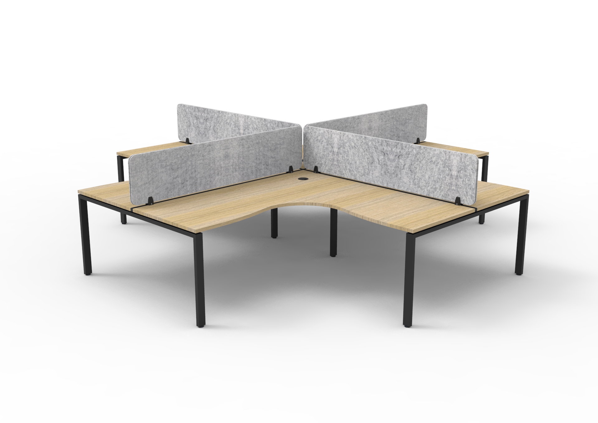 RAPIDLINE Infinity Corner Workstation Pod of 4 – Natural Oak Top, Black Satin Base, Marble Grey Eco Panel Screens (1500×1500×750mm)