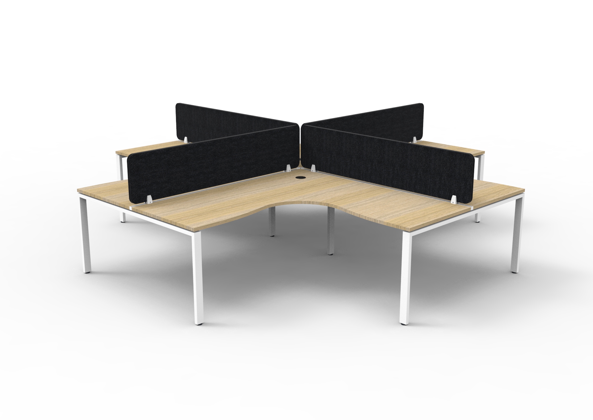 Rapidline Infinity Profile Leg Corner Workstation – Pod of 4, Natural Oak Top, White Satin Base, Marble Grey Eco Panel Screens (1800 x 1800 x 750mm)
