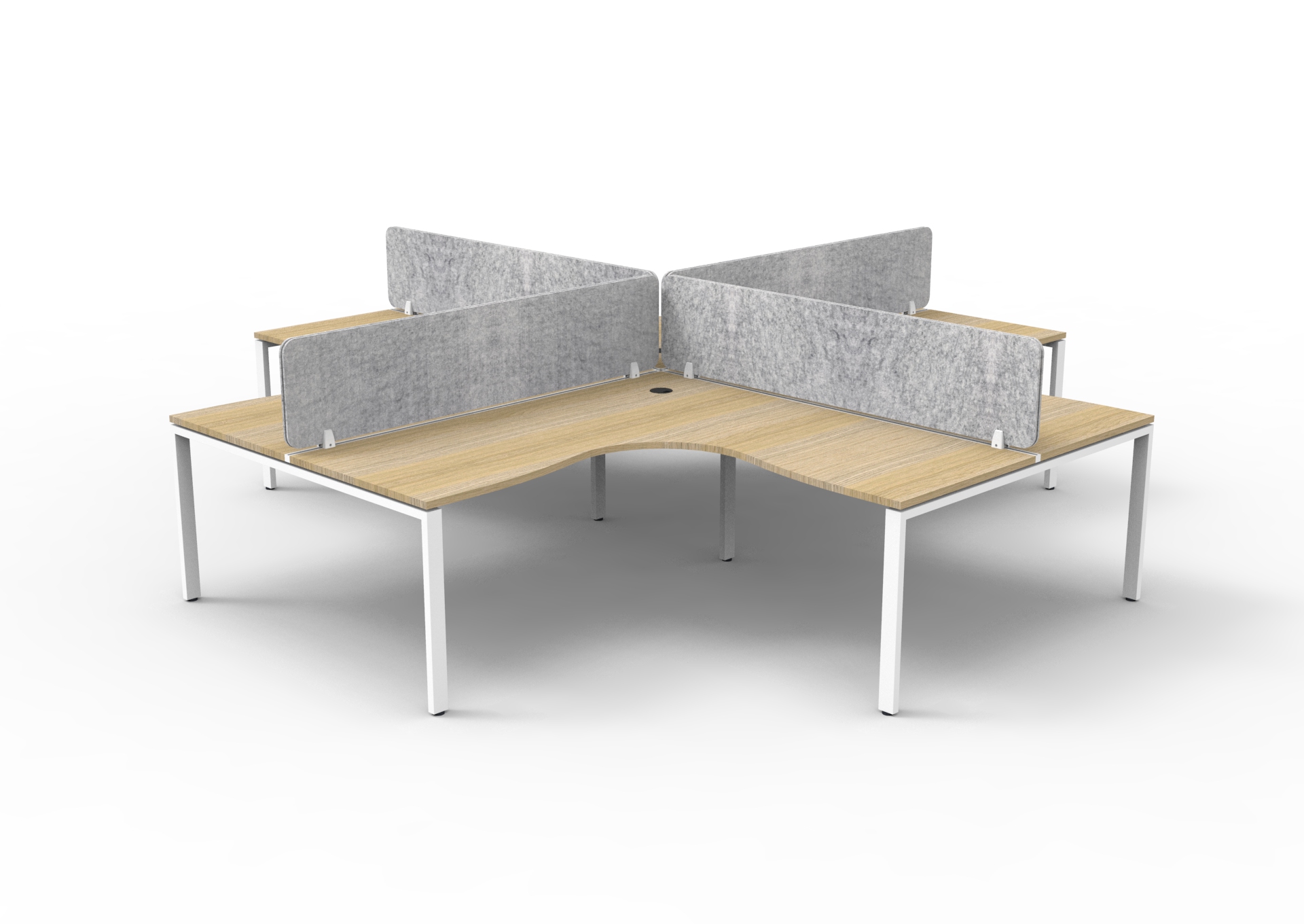 Rapidline Infinity Corner Workstation Pod of 4 | Oak Top, White Base, Grey Screens | 1500×1500mm