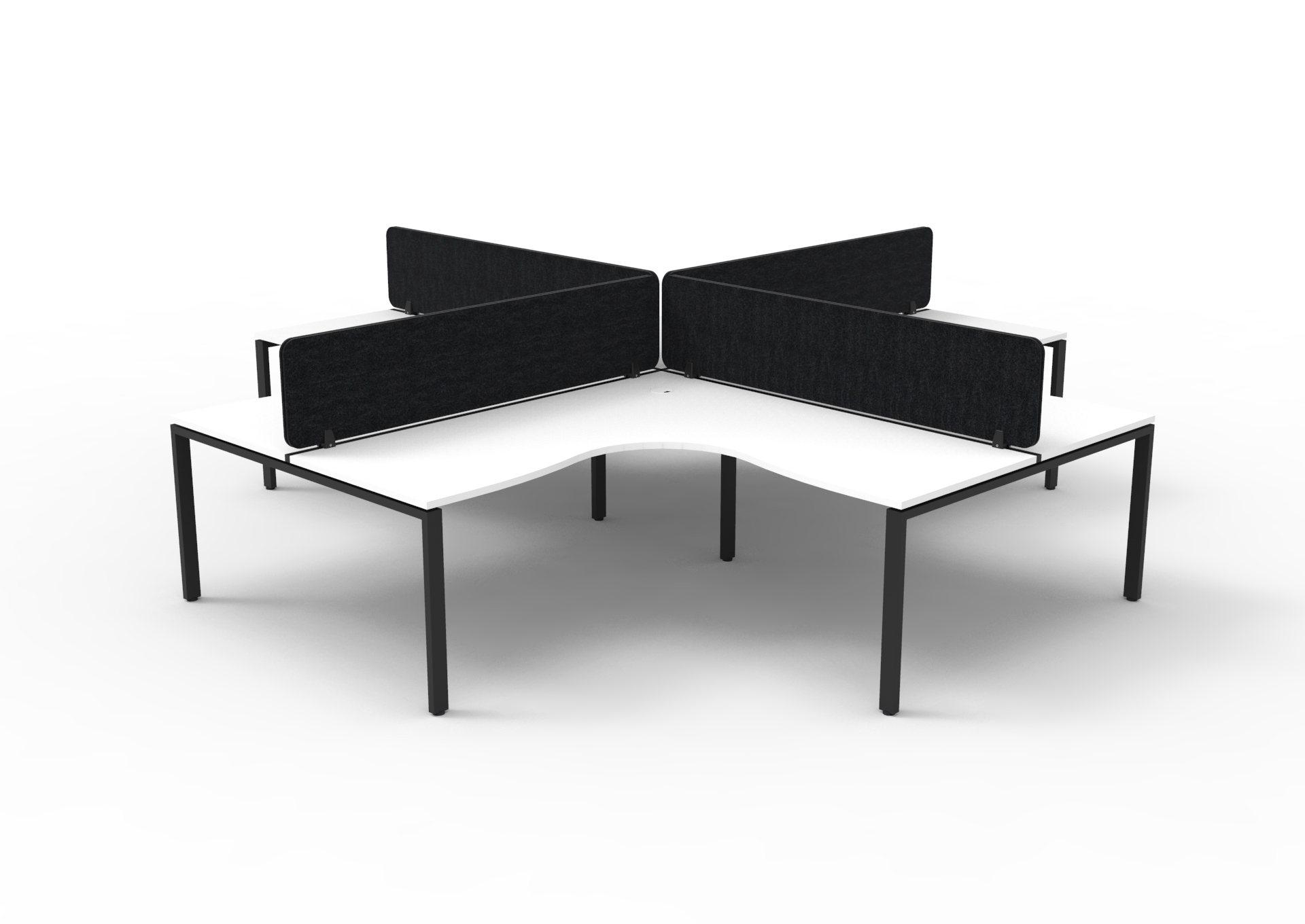 Rapidline Infinity Profile Leg Corner Workstation – Pod of 4, Natural White Top, Black Satin Base, Black Eco Panel Screens (1800 x 1800 x 750mm)