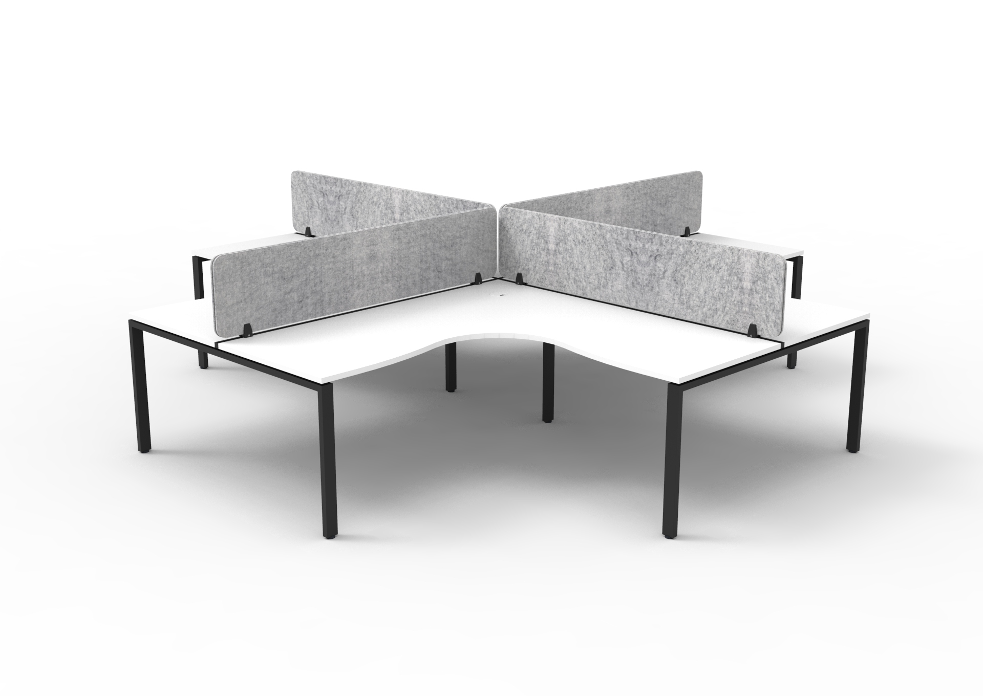 Rapidline Infinity Profile Leg Corner Workstation – Pod of 4 with Screens | Natural White Top, Black Satin Base, Marble Grey PET Panels | 1800×1500×750mm