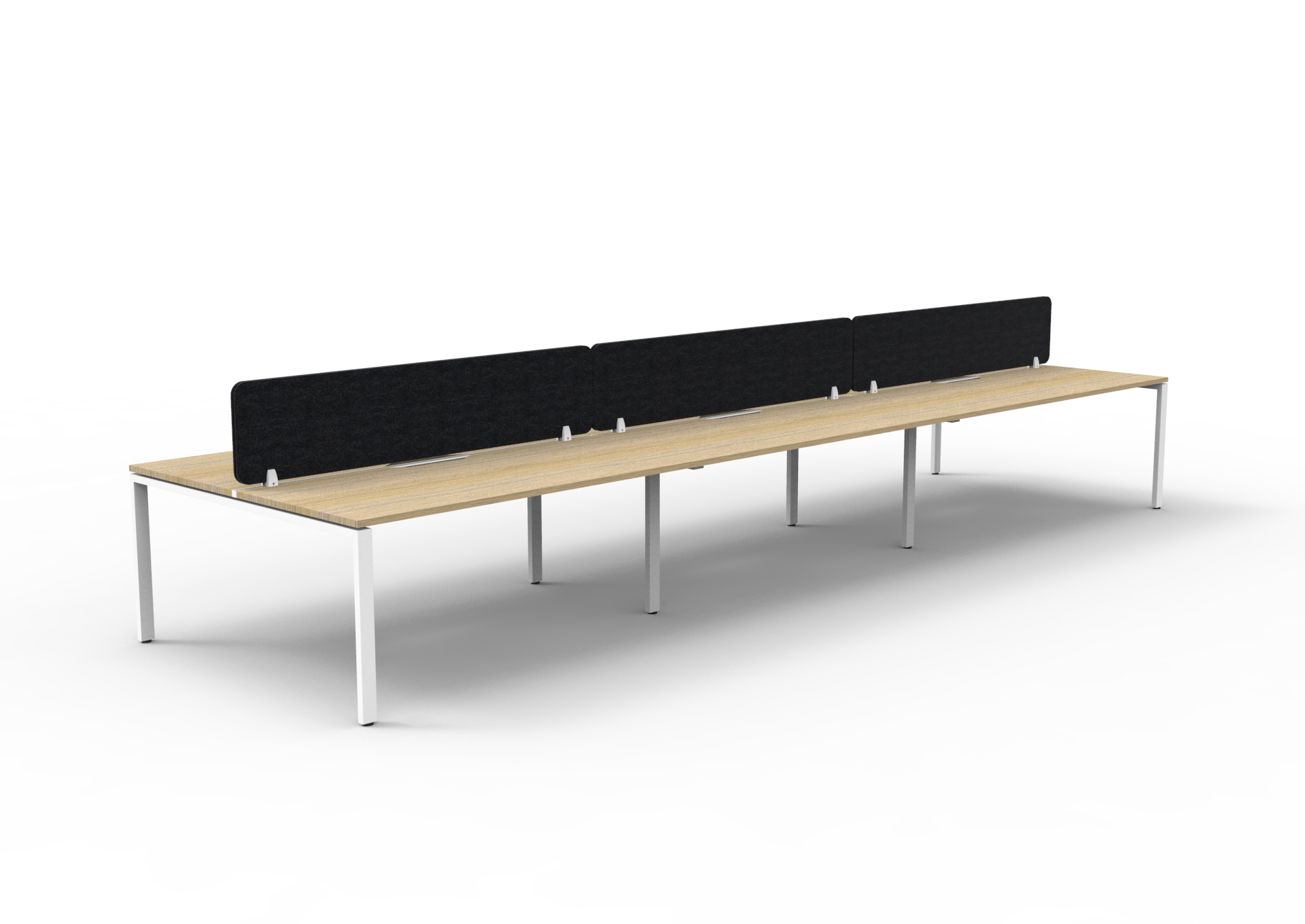 Rapidline Infinity Back-to-Back Workstation – 6-Pod, Natural Oak Top / White Satin Base, Black PET Screen | 1500×750mm