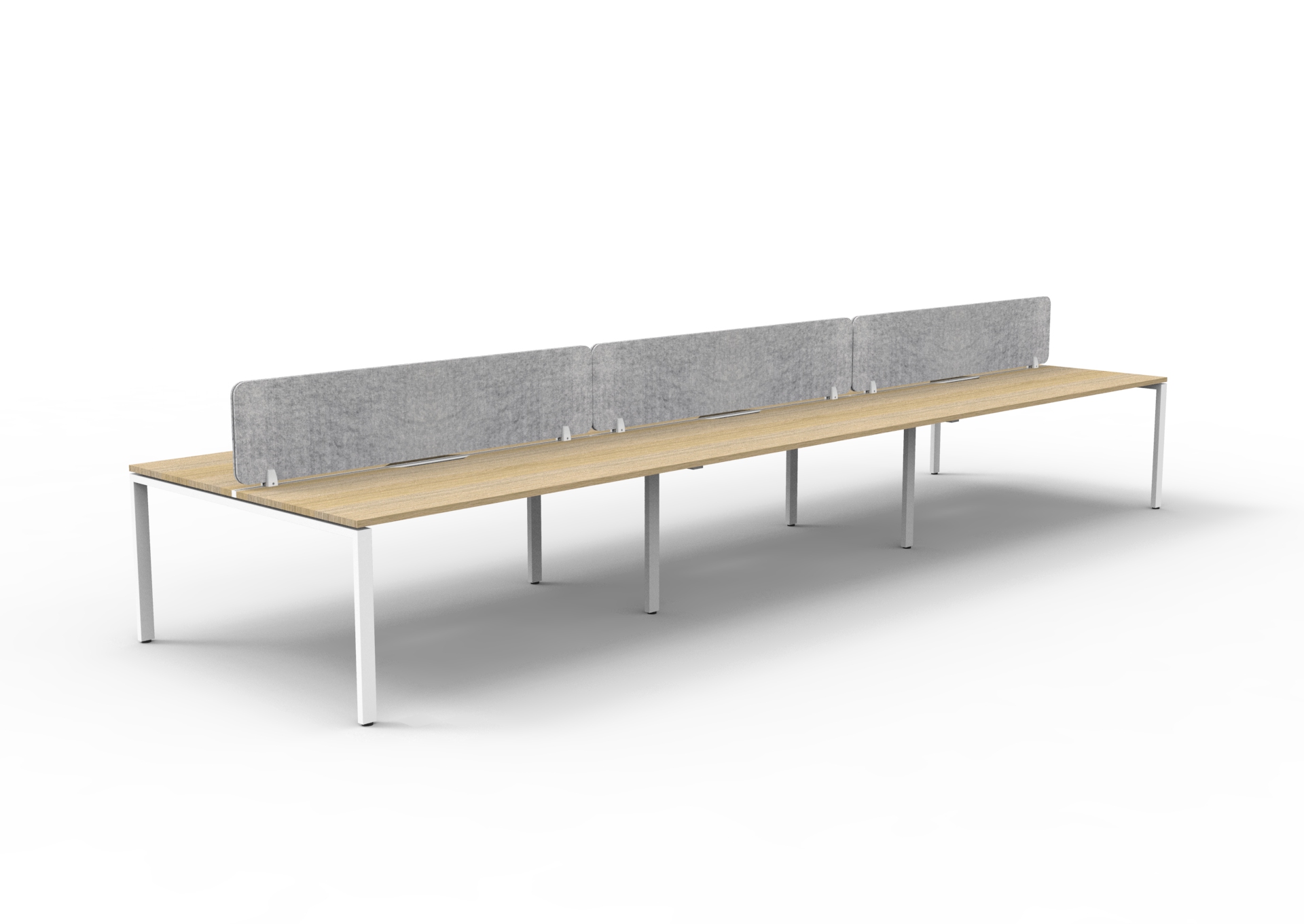 Rapidline Infinity Back-to-Back Workstation – 6-Pod, Natural Oak Top / White Satin Base, Marble Grey PET Screen | 1500×750mm