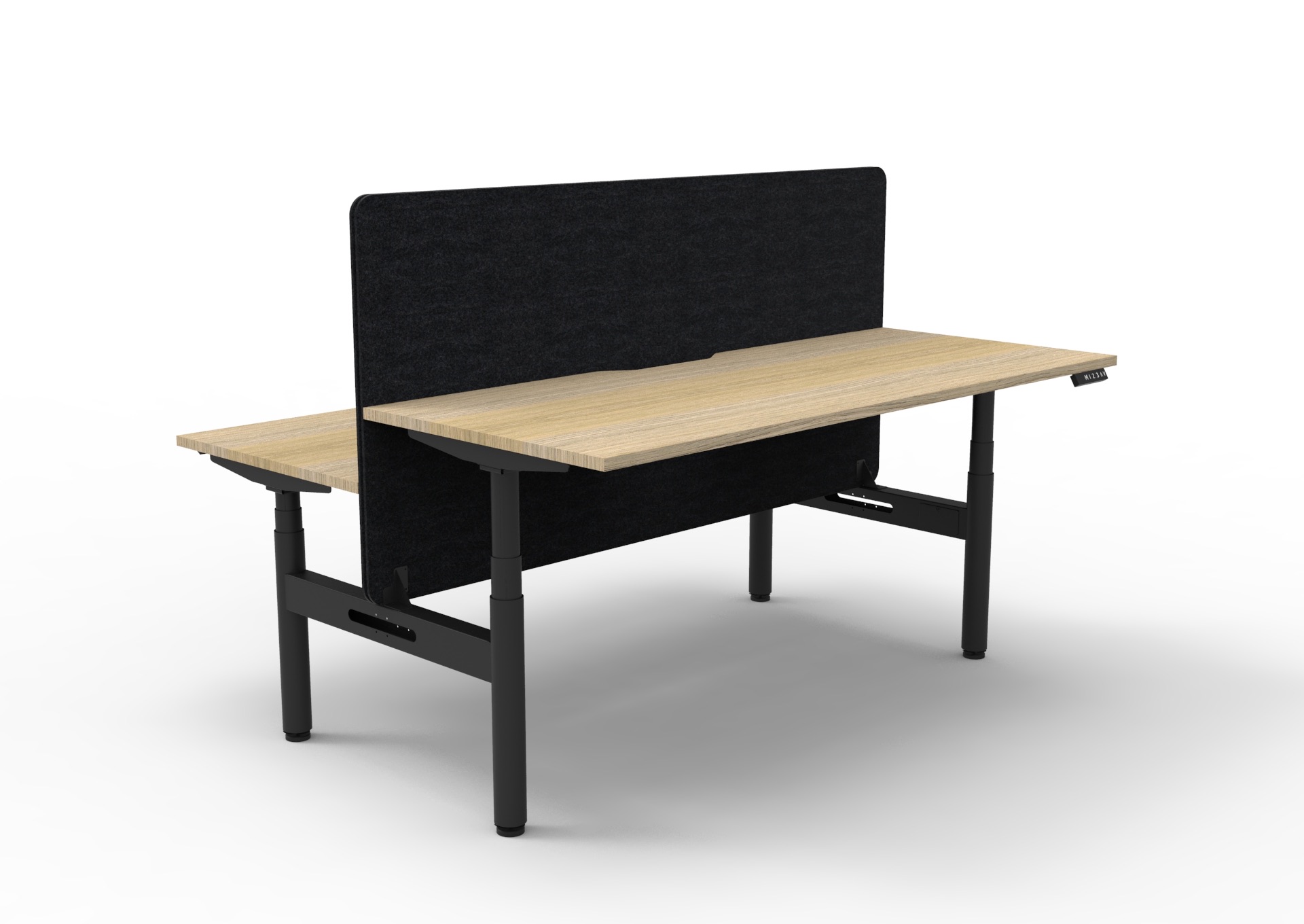 Rapidline Halo+ Height Adjustable Back-to-Back Desk – 1500mm W x 750mm D, Natural Oak Top, Black Satin Frame, Black PET Screen