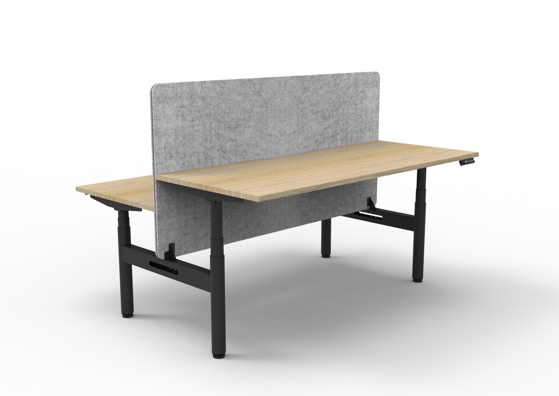 Rapidline Halo+ Back-to-Back Height Adjustable Desk – 1800mm × 750mm, Natural Oak Top, Black Satin Frame, Marble Grey PET Privacy Screen
