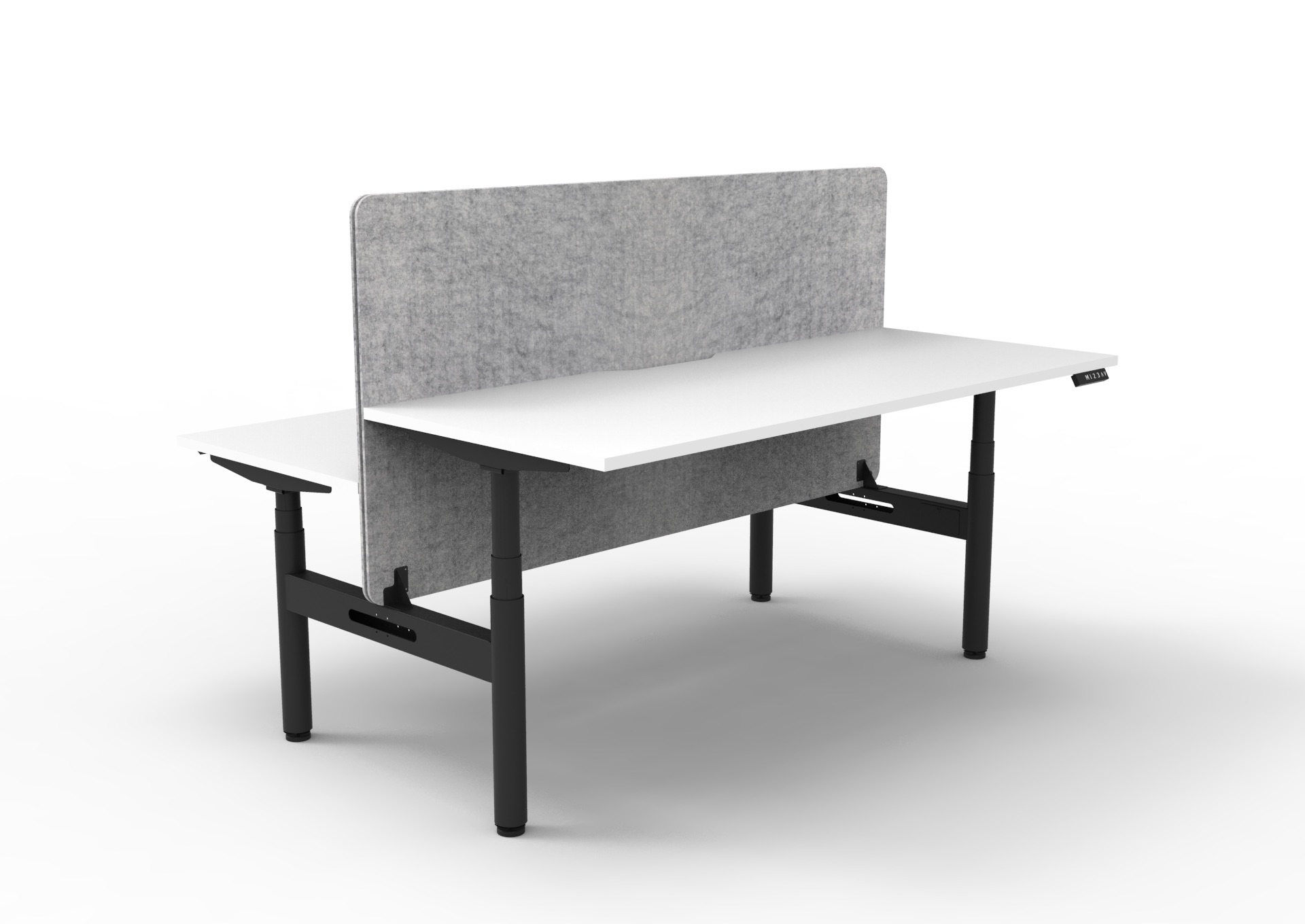 Rapidline Halo+ Back to Back Height Adjustable Desk – Natural White Top, Black Frame, Marble Grey Screen | 1200×750mm