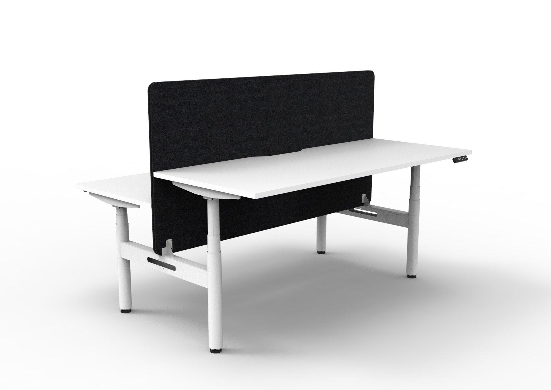 Rapidline Halo+ Height Adjustable Back-to-Back Desk – 1200mm W x 750mm D, Natural White Top, White Satin Frame, Black PET Screen