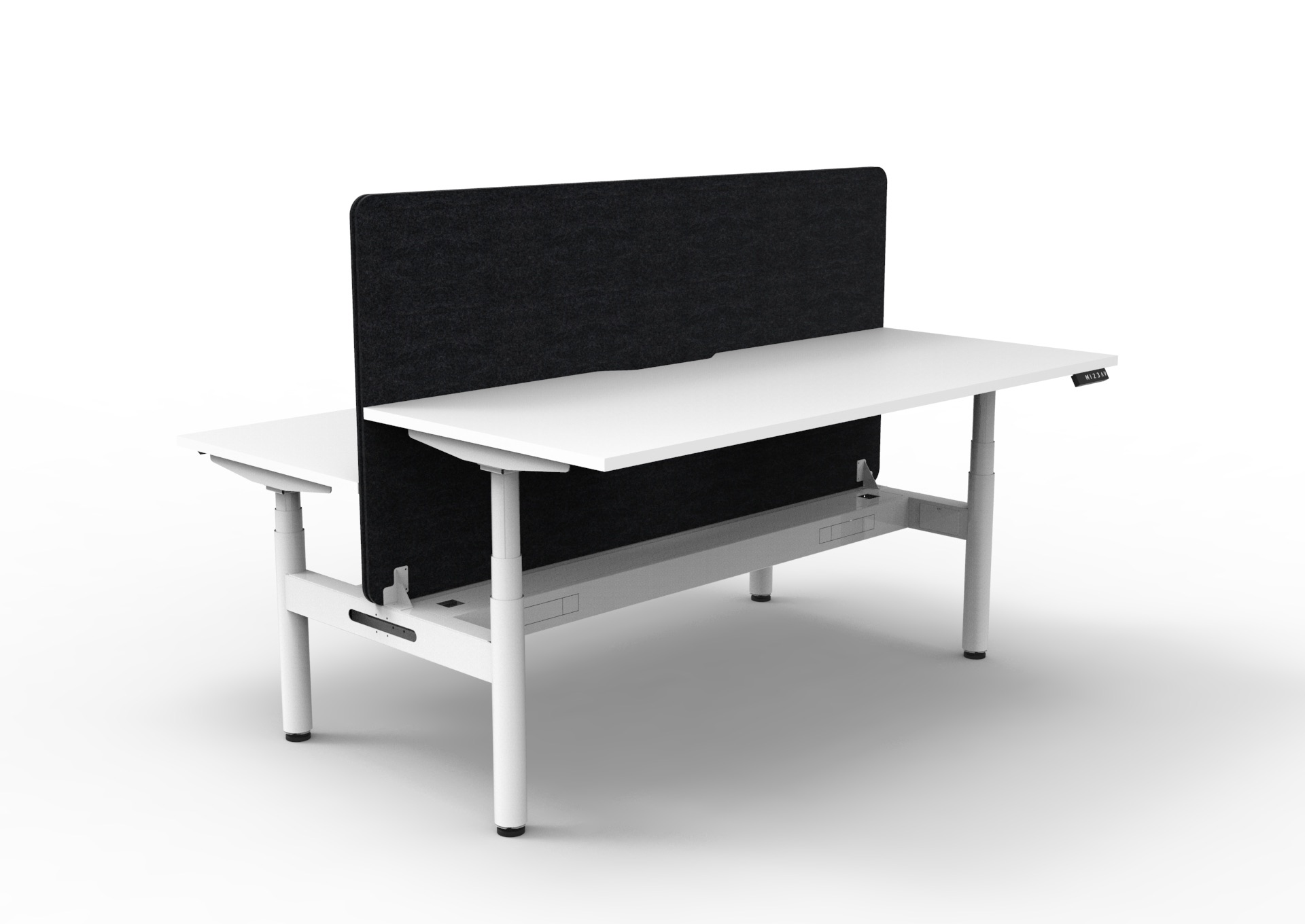 Halo+ Back-to-Back Height Adjustable Desk – 1800 x 750mm, Natural White Top, Black PET Screen, Cable Tray