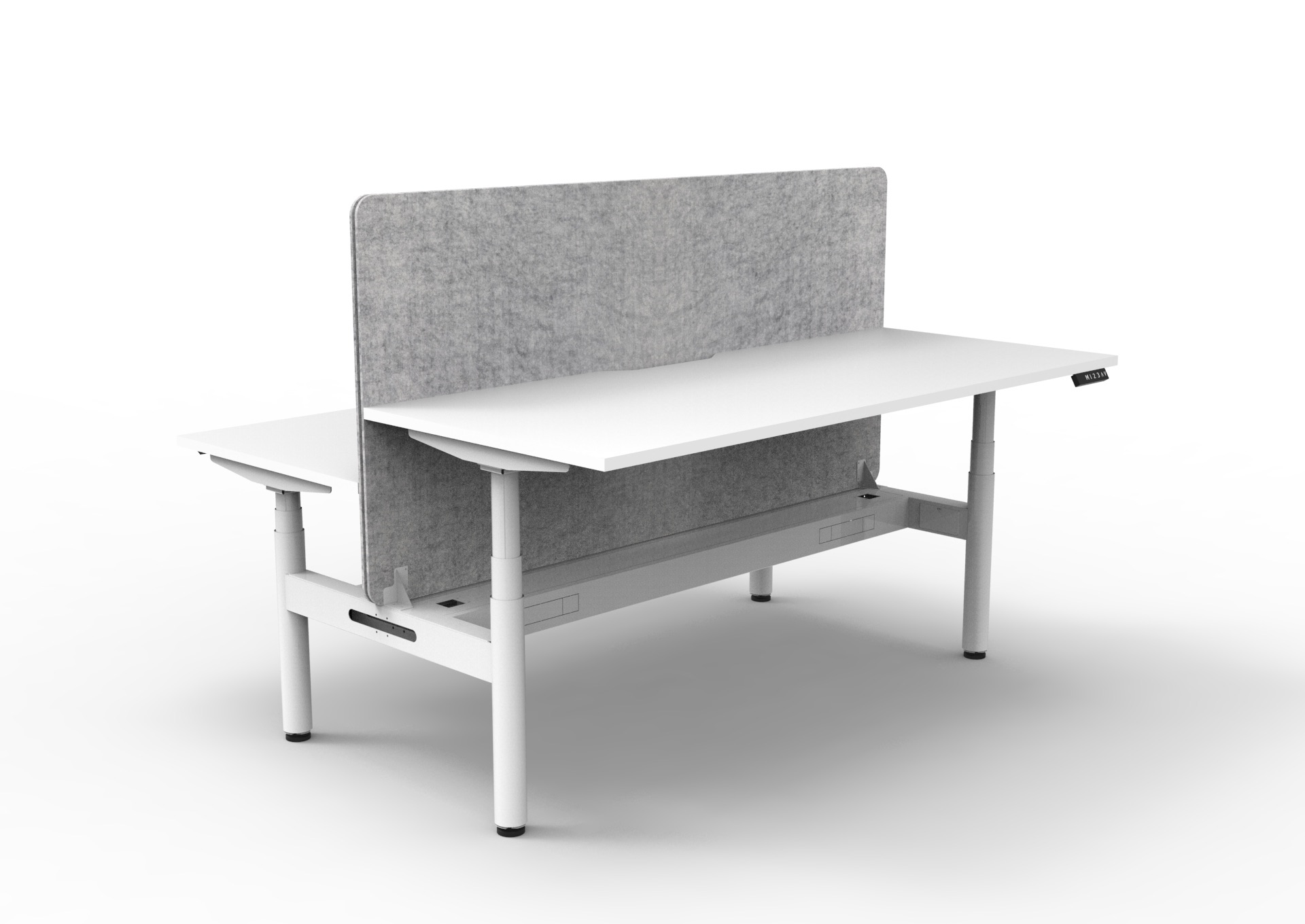 RAPIDLINE Halo+ Back-to-Back Height Adjustable Desk – 1200×750mm, Natural White Top, White Satin Frame, Marble Grey PET Screen, Cable Tray