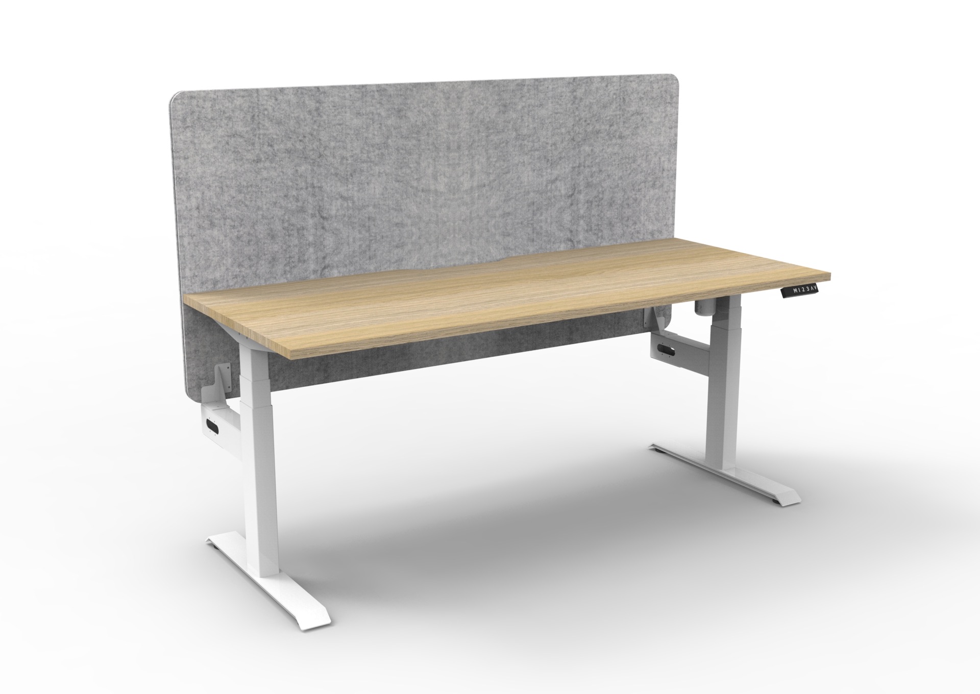 RAPIDLINE Boost Light Sit-Stand Desk – Natural Oak Top, White Satin Frame, Marble Grey PET Privacy Screen | 1800×750mm