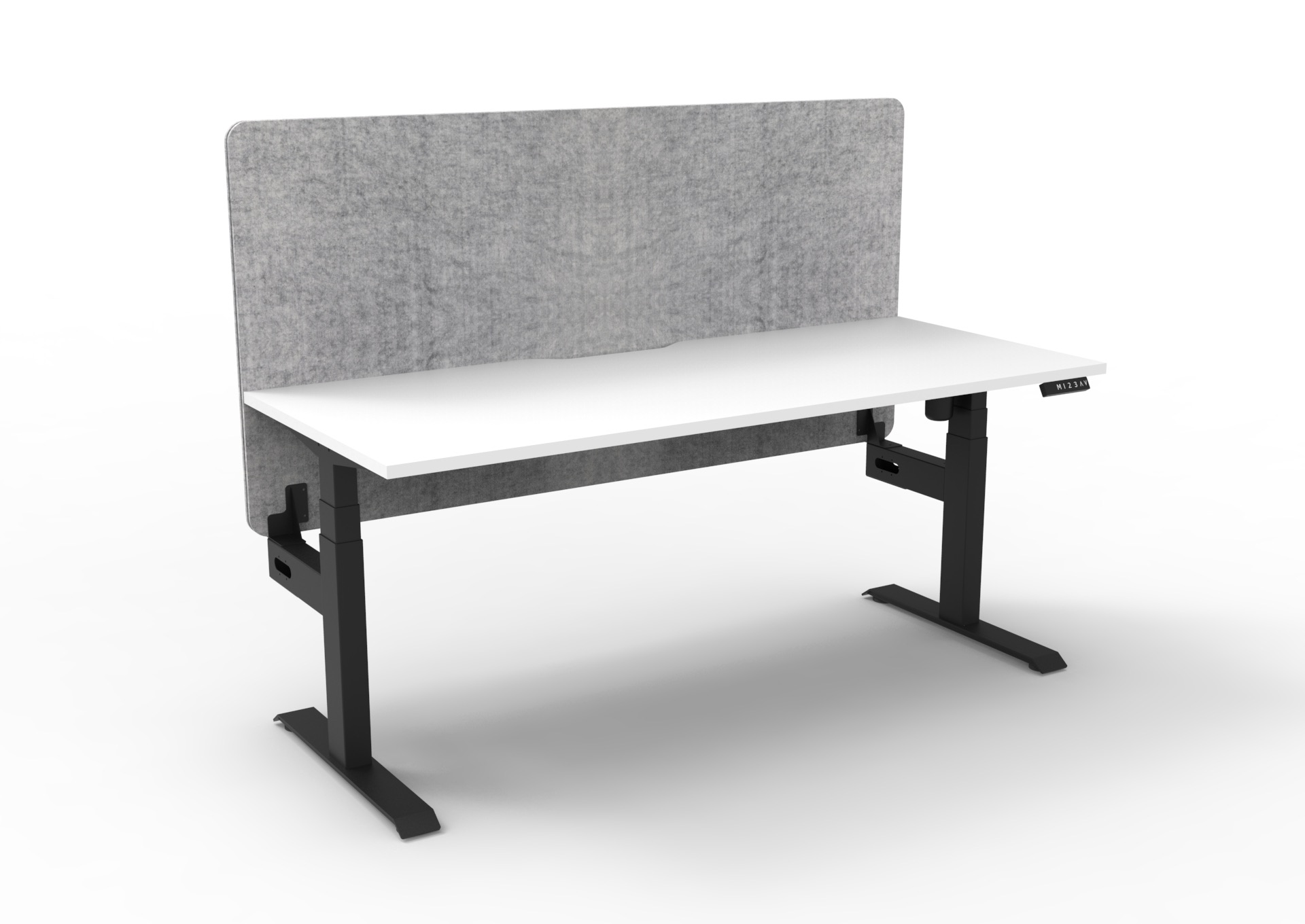 RAPIDLINE Boost Light Sit-Stand Desk – Natural White Top, Black Satin Frame, Marble Grey PET Privacy Screen | 1800×750mm