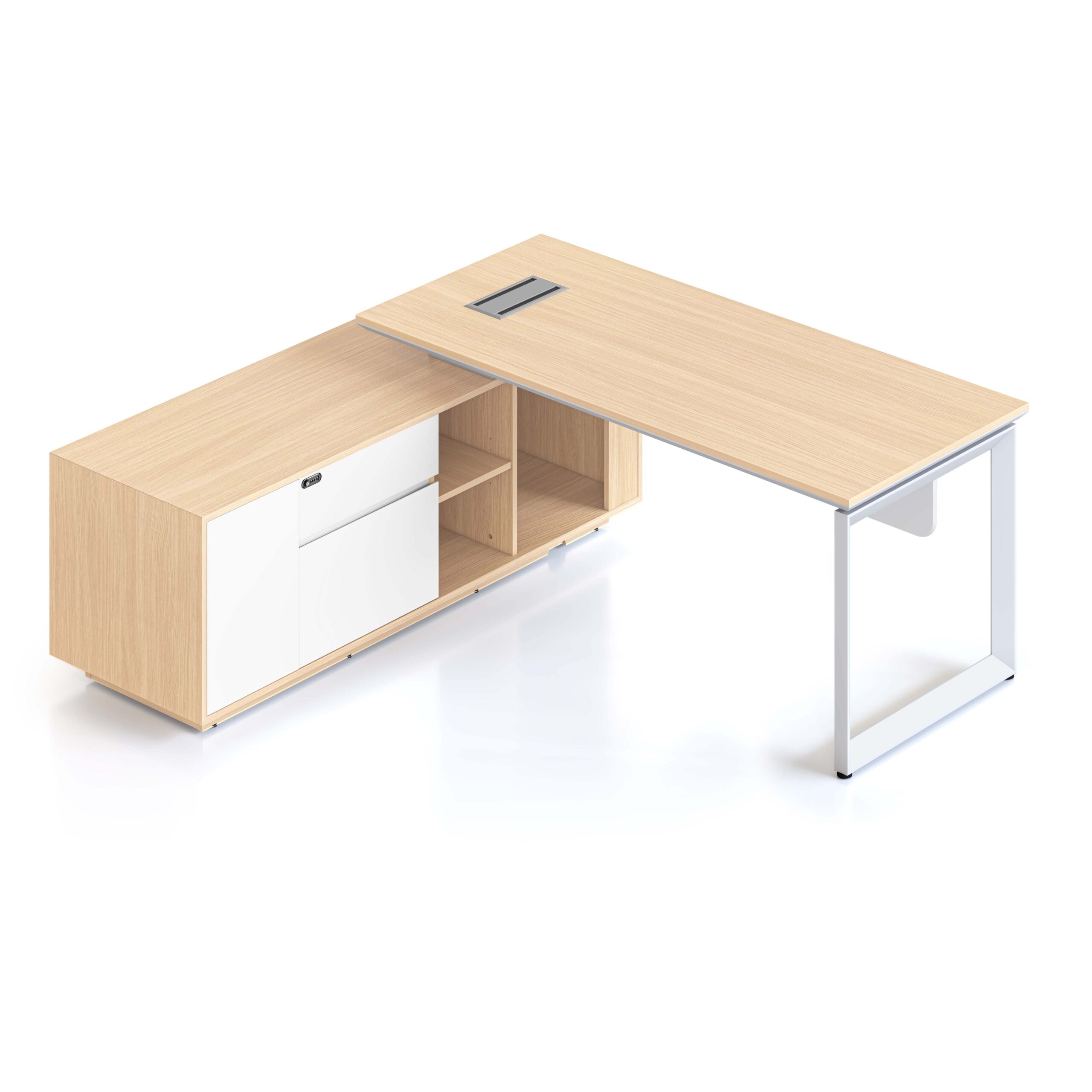 Rapidline Casa Executive Desk & Side Cabinet – Left Hand Return, White Satin Loop Leg
