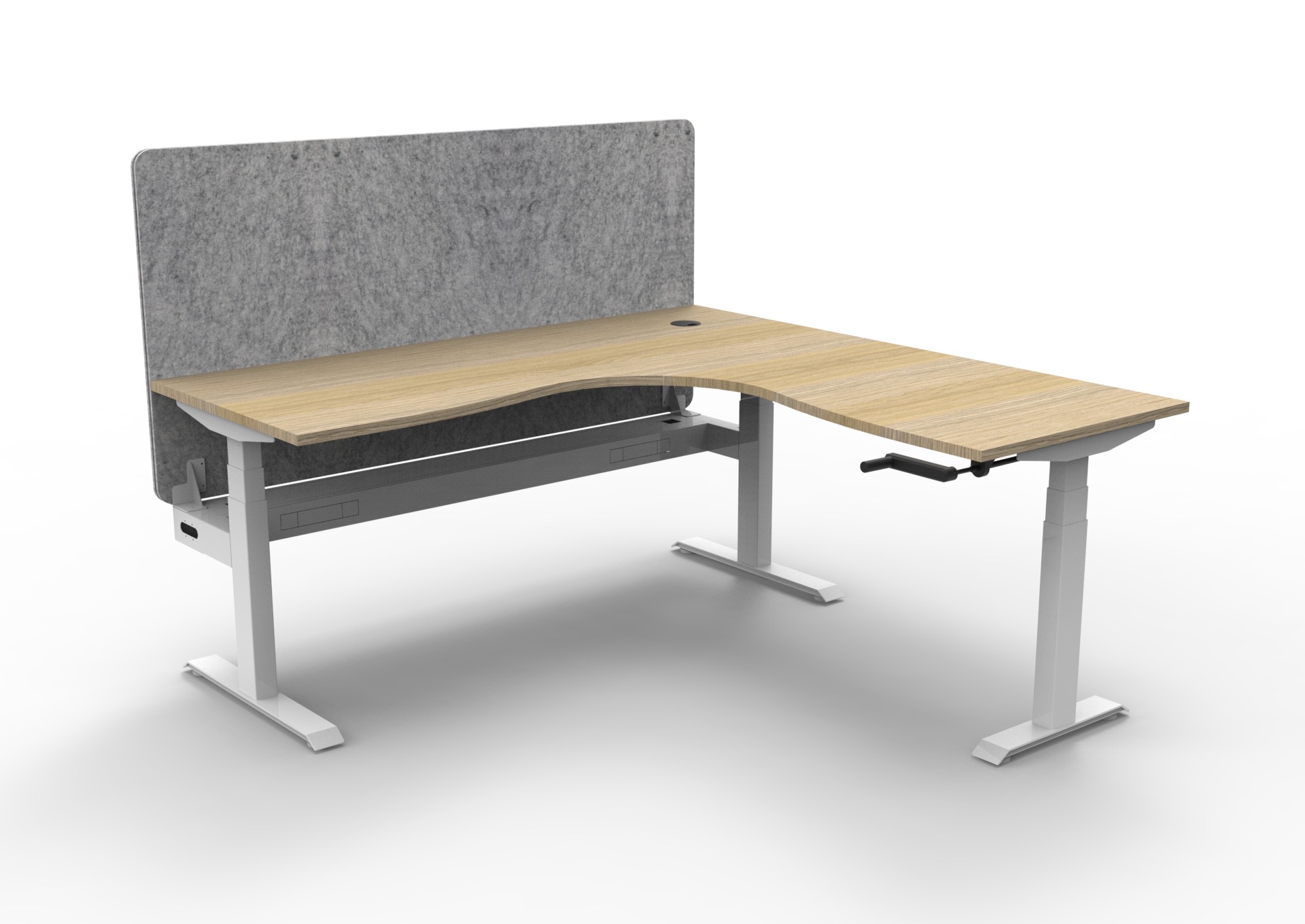 Rapidline Boost Crank Corner Workstation – 1800×1800mm, Natural Oak Top, White Satin Frame, Marble Grey Privacy Screen & Cable Tray