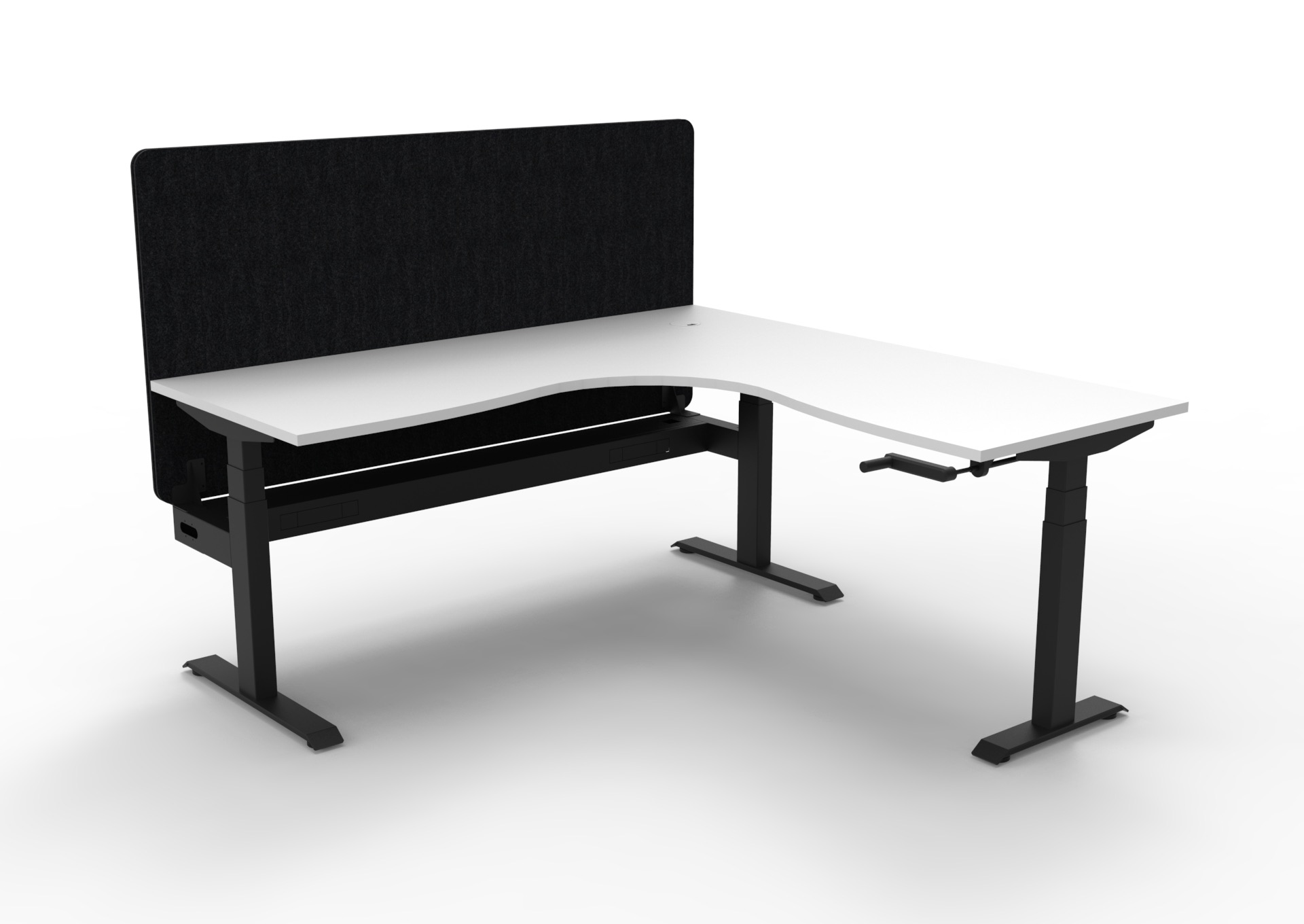 Rapidline Boost Crank Corner Workstation – Natural White Top, Black Frame, Black Screen | 1800×1500mm