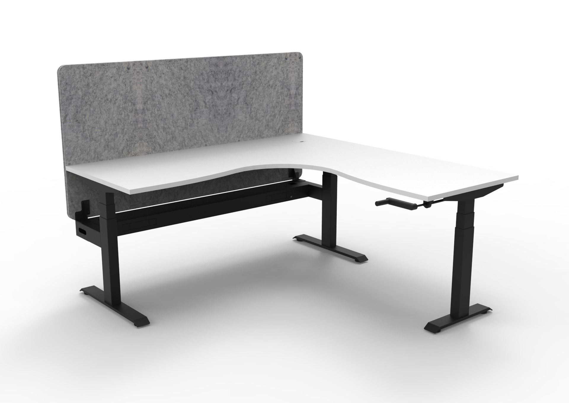 Rapidline Boost Crank Corner Workstation – Natural White Top, Black Frame, Marble Grey Screen | 1800×1500mm