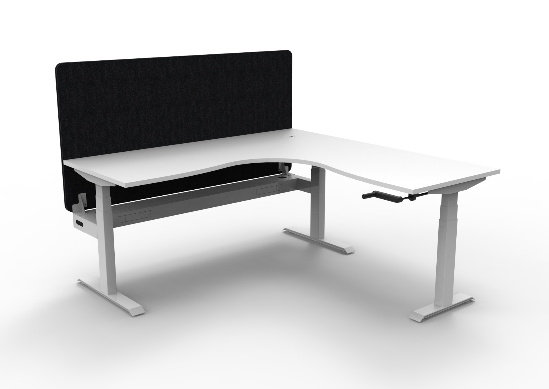 Rapidline Boost Crank Corner Workstation – Natural White Top, White Frame, Black Screen | 1800×1500mm