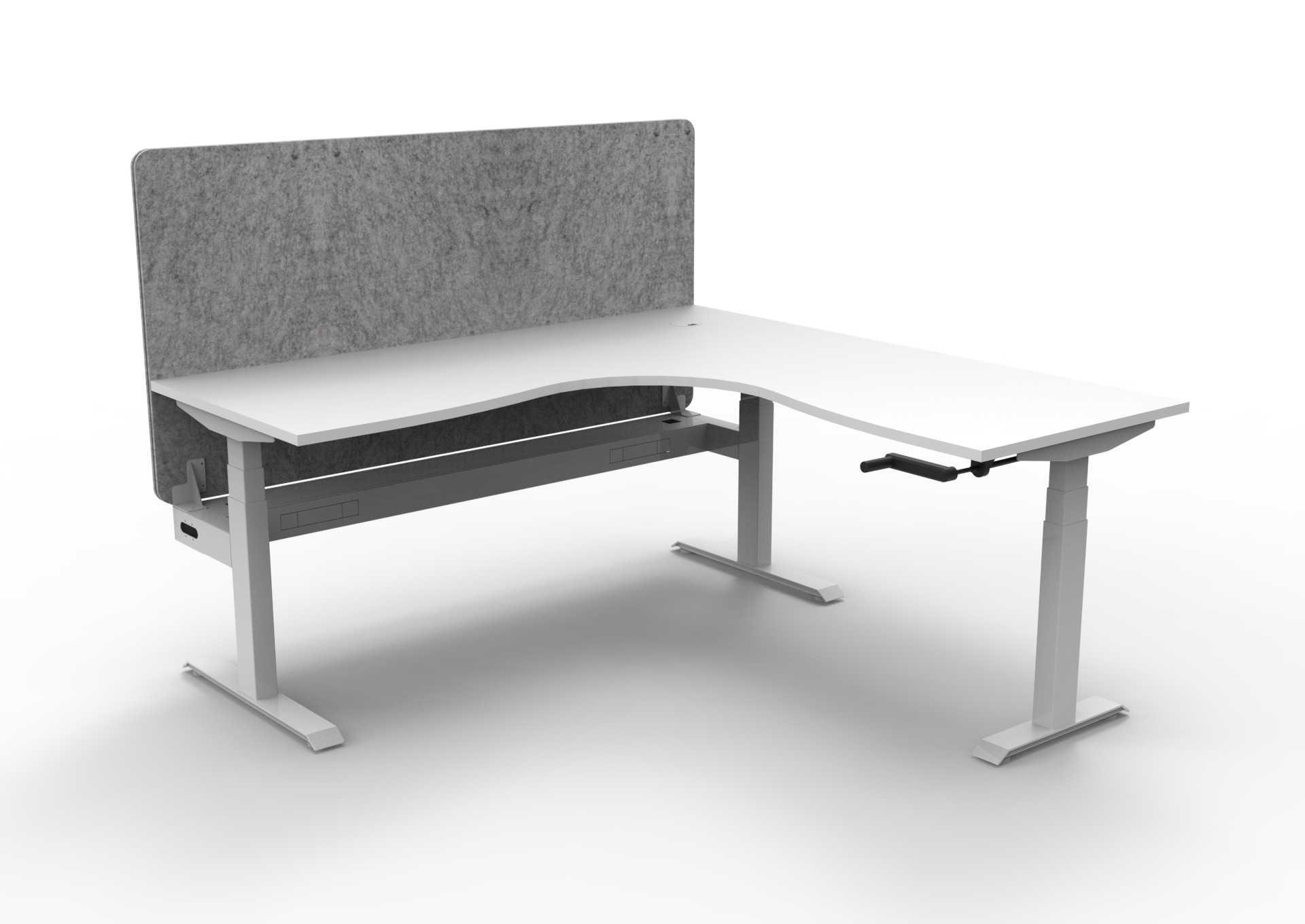 Rapidline Boost Crank Corner Workstation – 1500×1500mm, Natural White Top, White Satin Frame, Marble Grey Eco Panel Screen