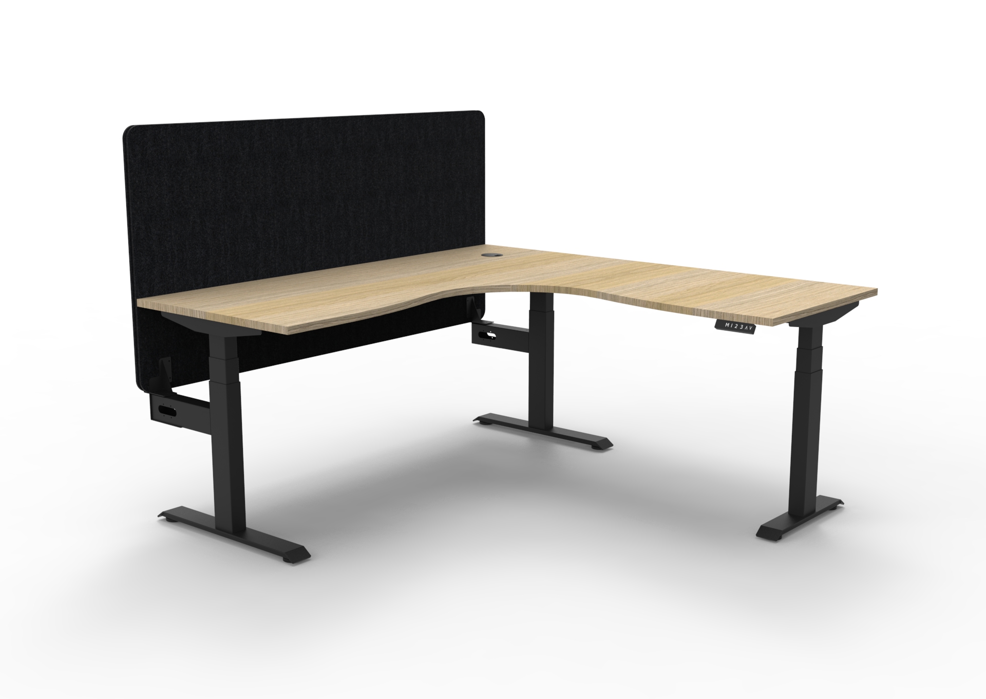 RAPIDLINE Boost+ Corner Workstation – 1800 x 1800mm | Natural Oak Top, Black Satin Frame, Black PET Screen | Height-Adjustable