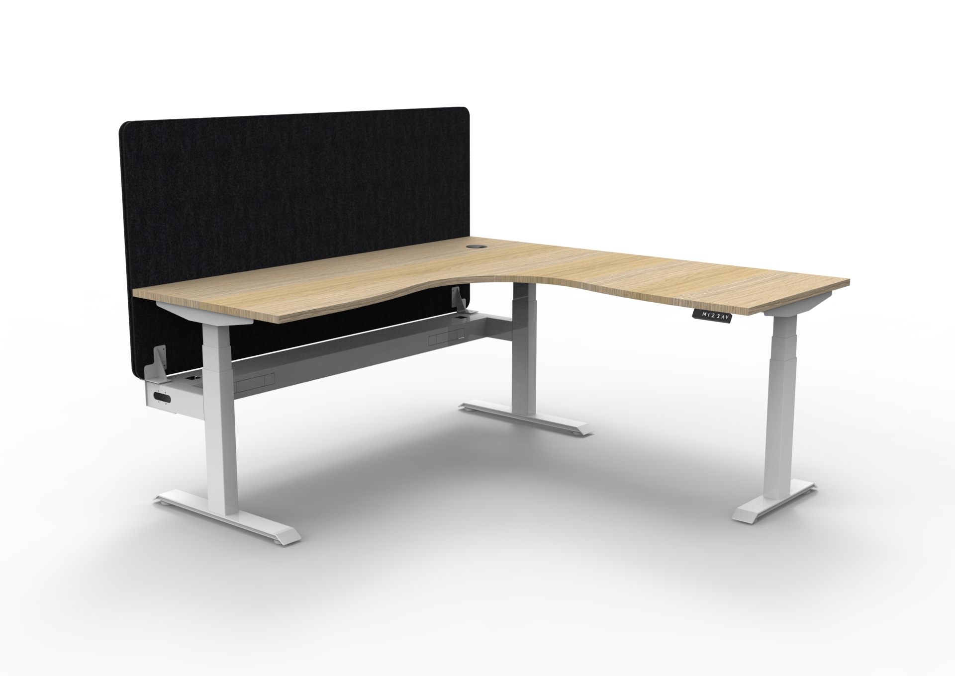 RAPIDLINE Boost+ Corner Workstation 1500×1500×750mm – Natural Oak Top, White Satin Frame, Black Eco Panel Screen