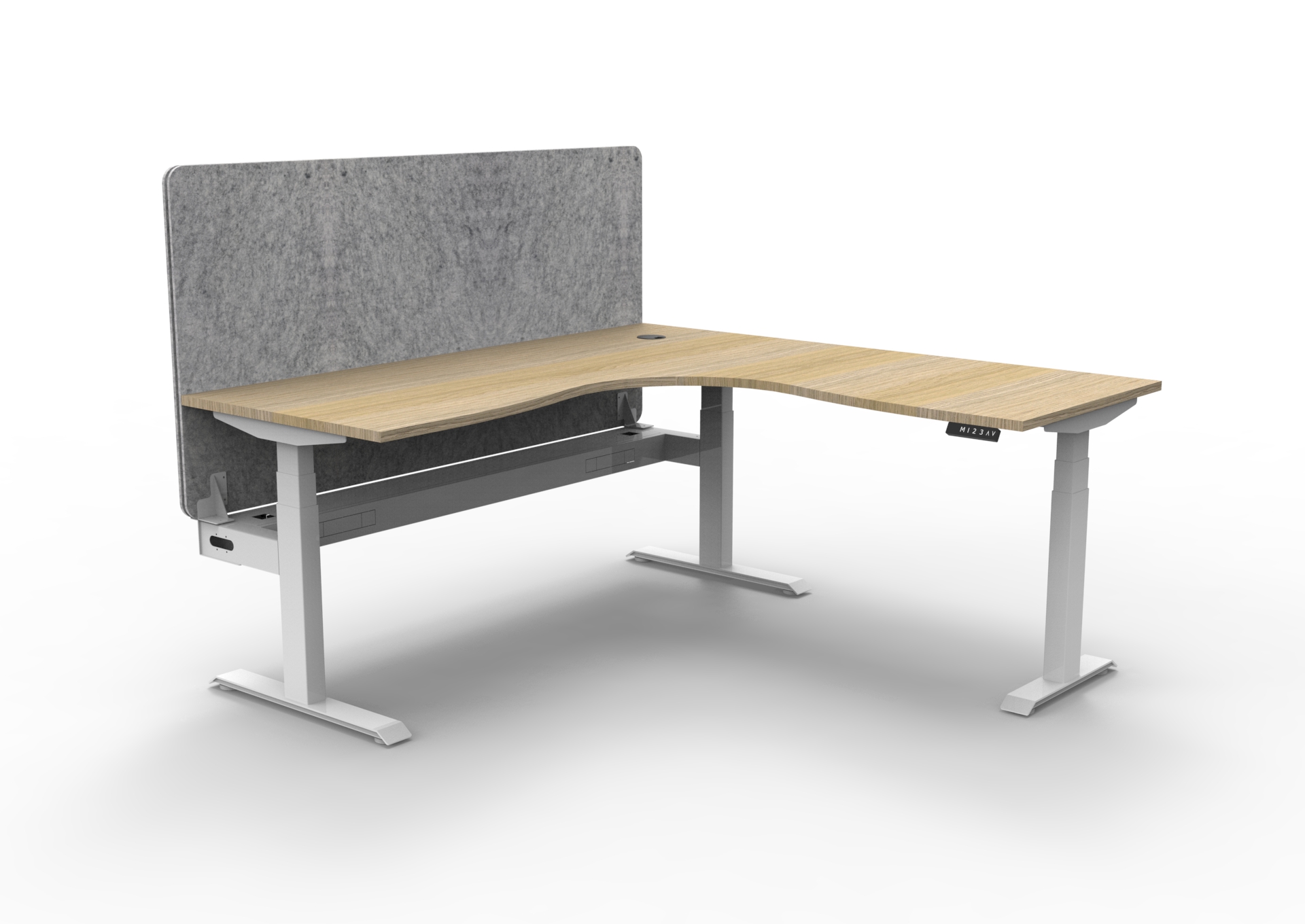 RAPIDLINE Boost+ Corner Workstation – Natural Oak Top, White Satin Frame, Marble Grey Screen | 1800×1800×750mm