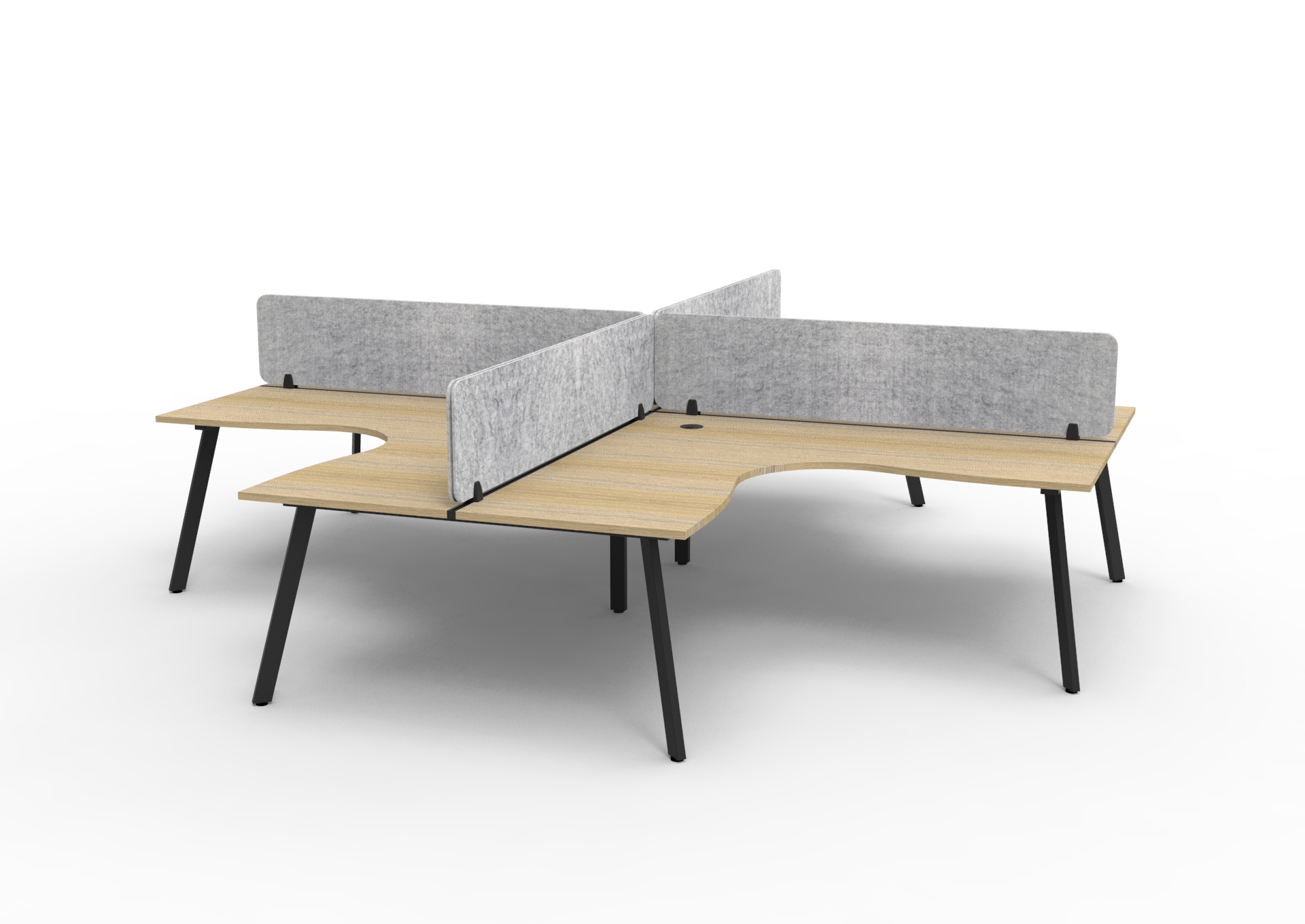 Rapidline Eternity Leg Corner Workstation – 4-Person POD, Natural Oak Top, Black Satin Base, Marble Grey Screens, 1800×1800×750mm