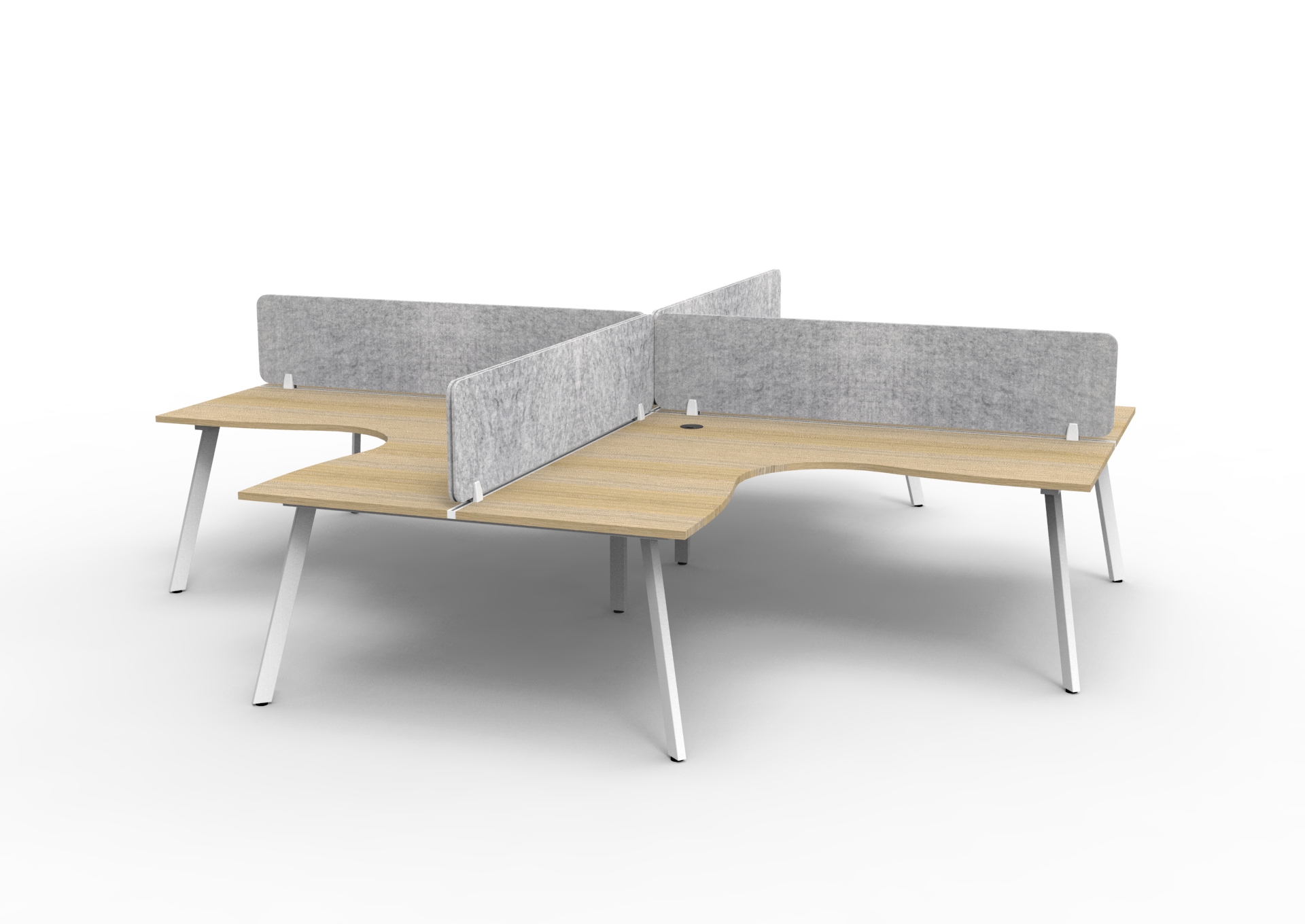 Rapidline Eternity Leg Corner Workstation – 4-Person Pod, Natural Oak Top, White Satin Base, Marble Grey Screens
